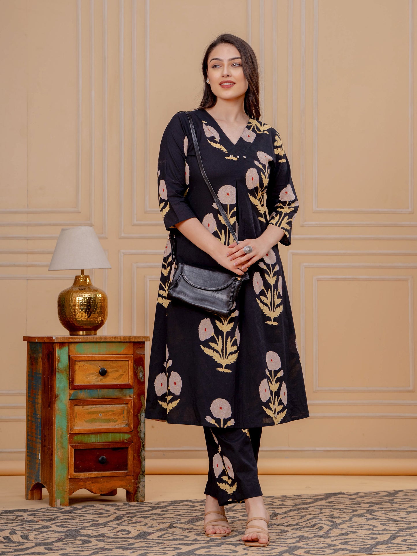Soft Cotton Mughal Print Straight Black Kurta