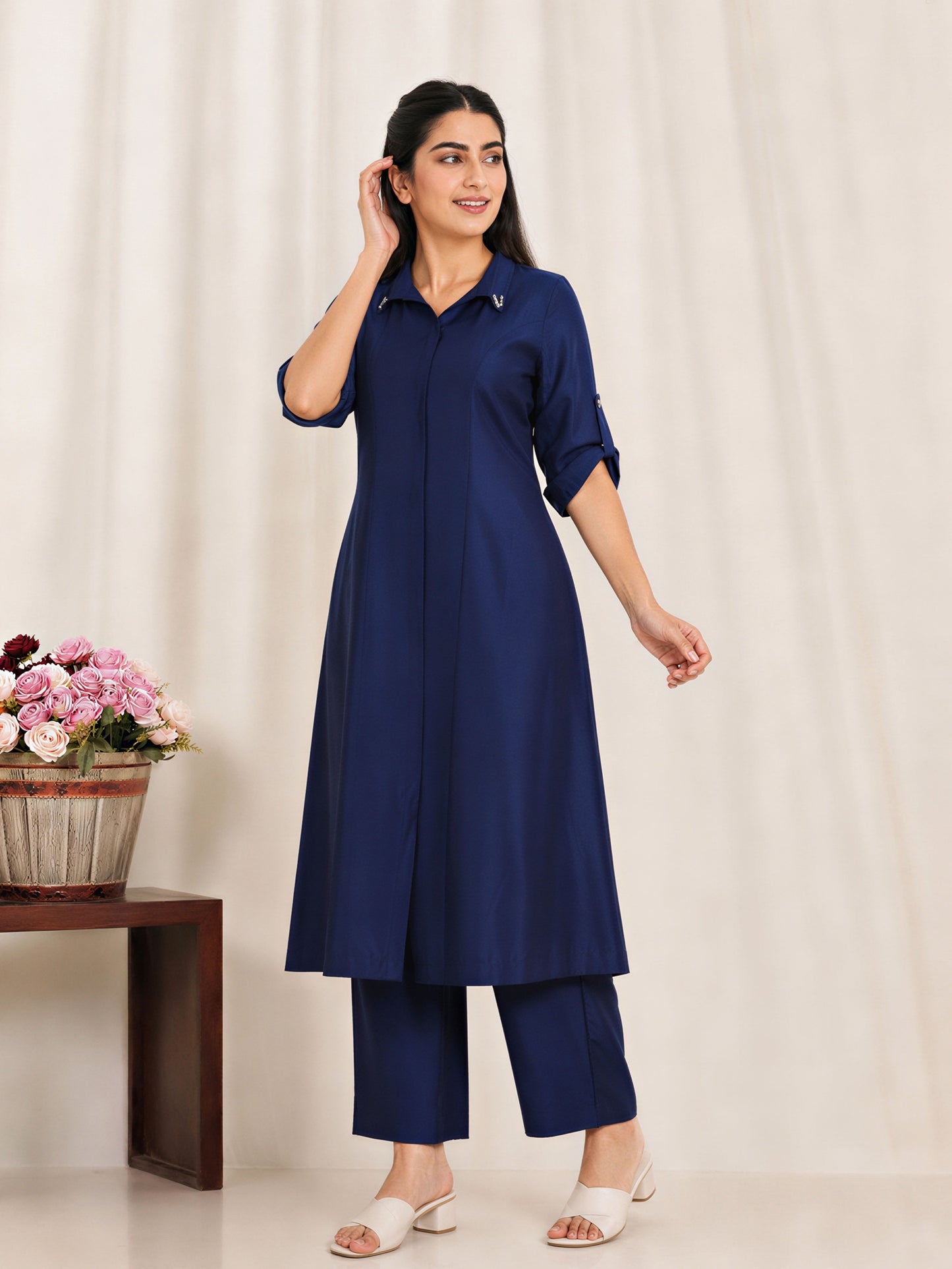 Chanderi Solid A-line Blue Kurta