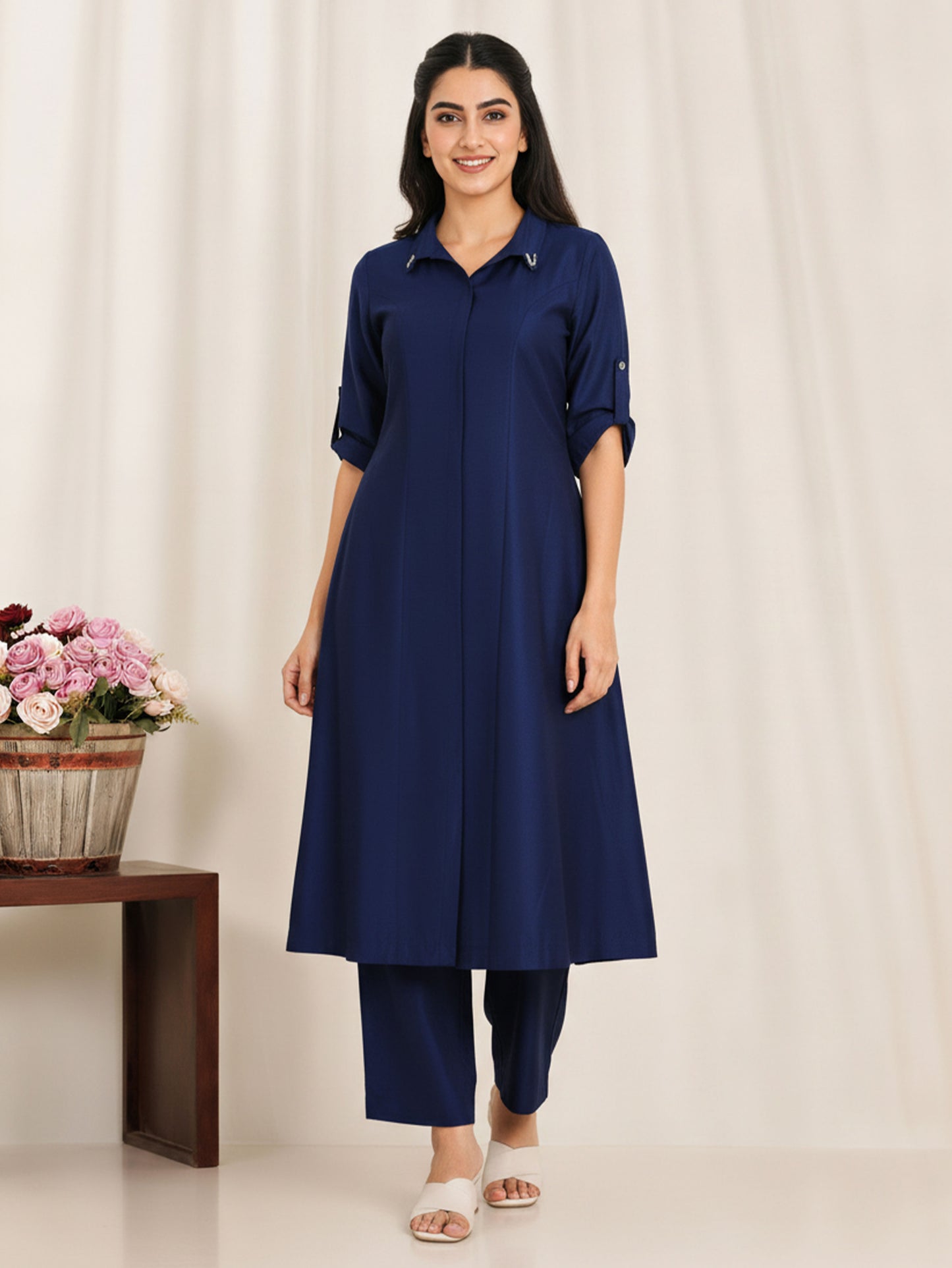 Chanderi Solid A-line Blue Kurta