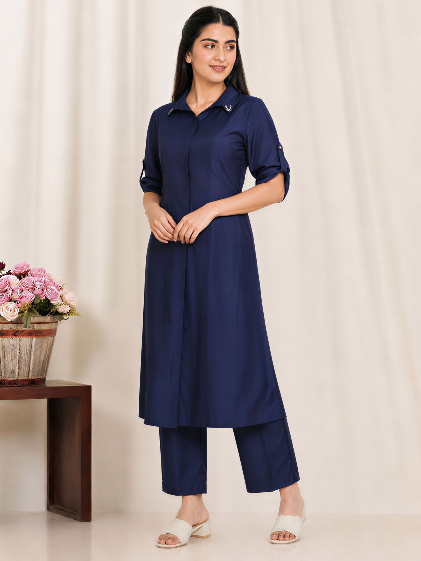 Chanderi Solid A-line Blue Kurta