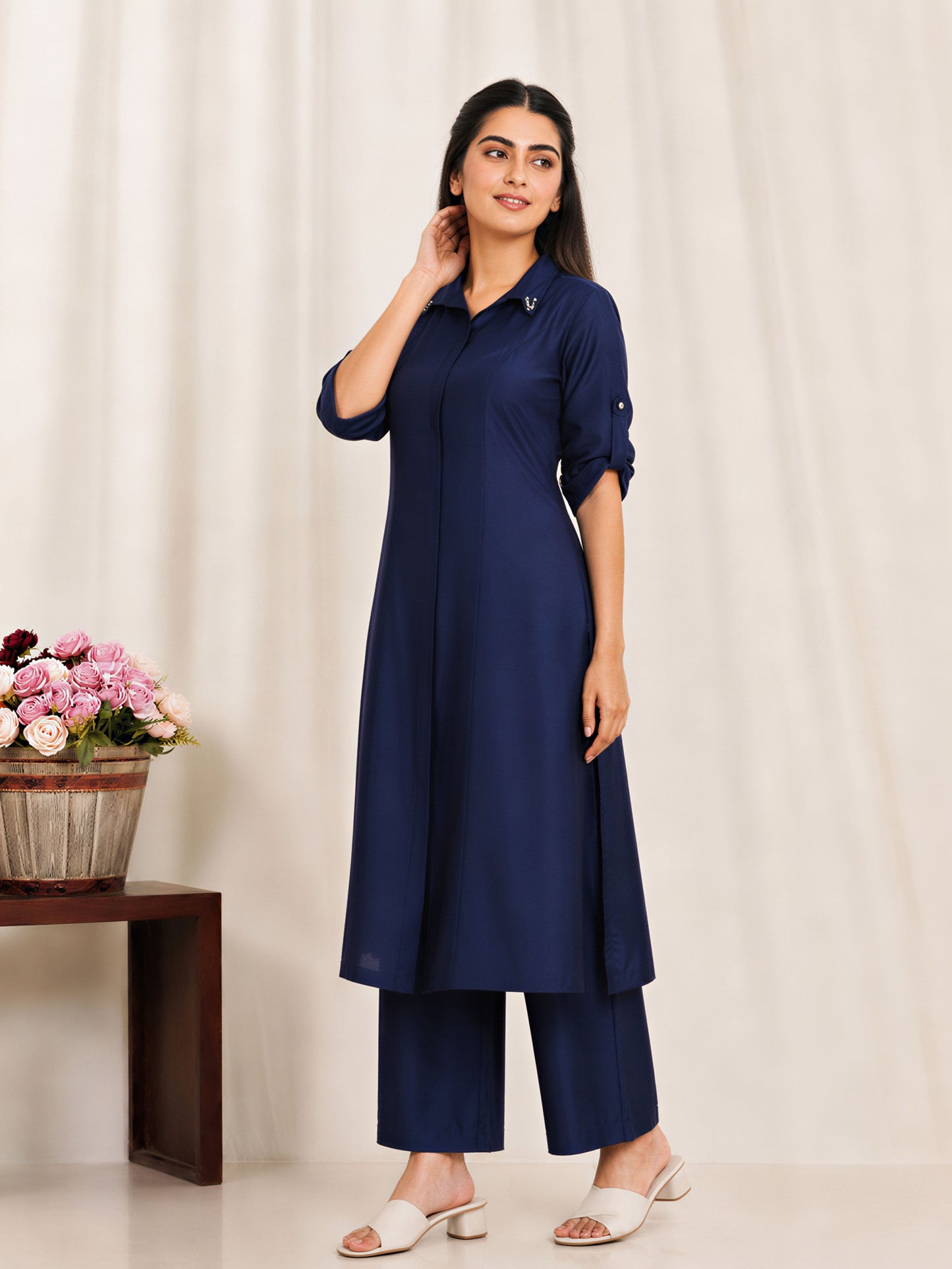 Chanderi Solid A-line Blue Kurta
