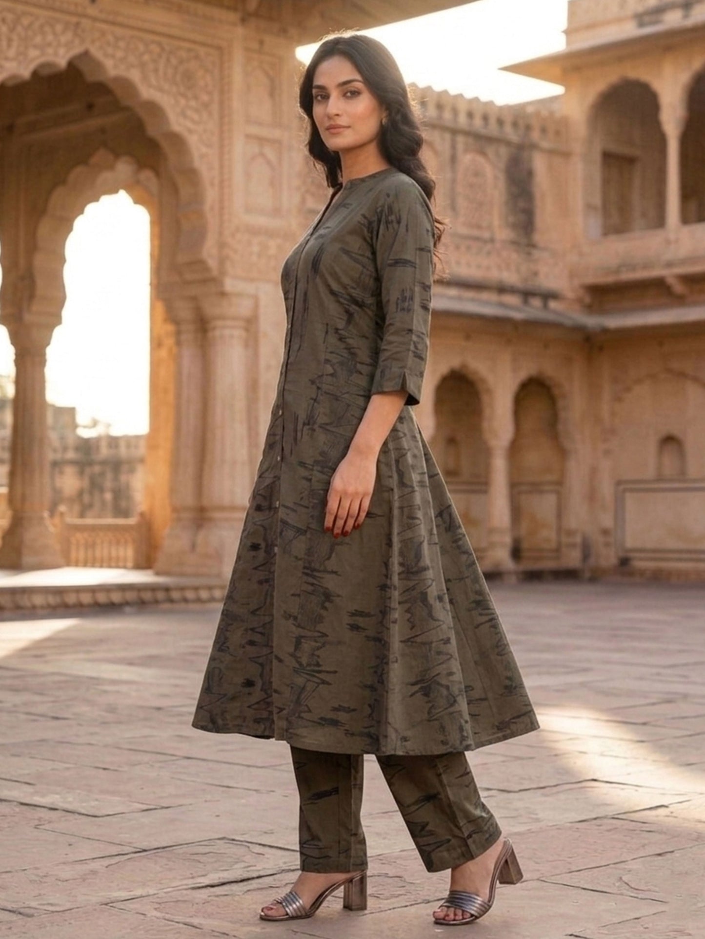 Viscose Abstract A-line Green Kurta