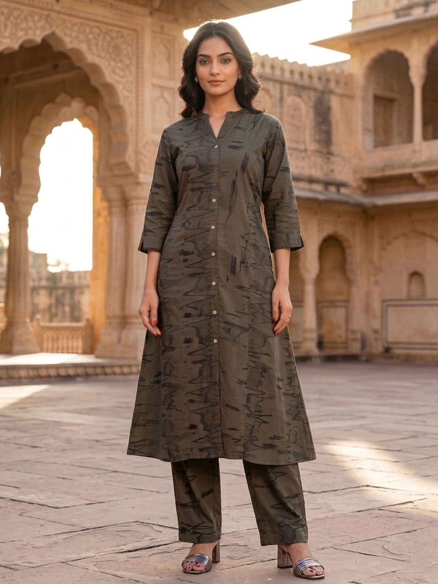 Viscose Abstract A-line Green Kurta
