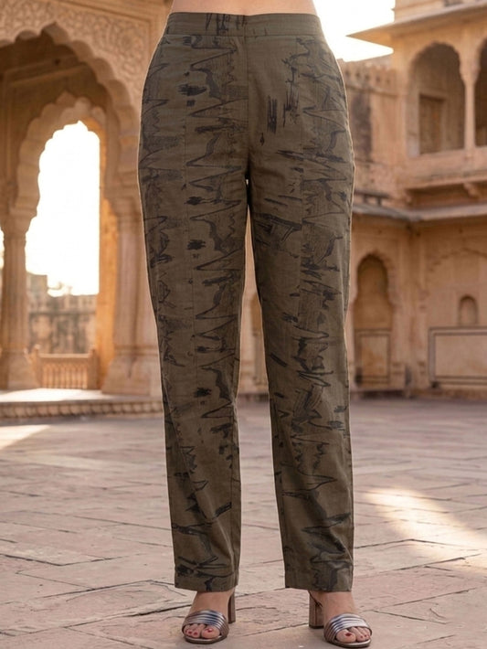 Viscose Abstract Green Straight Trousers