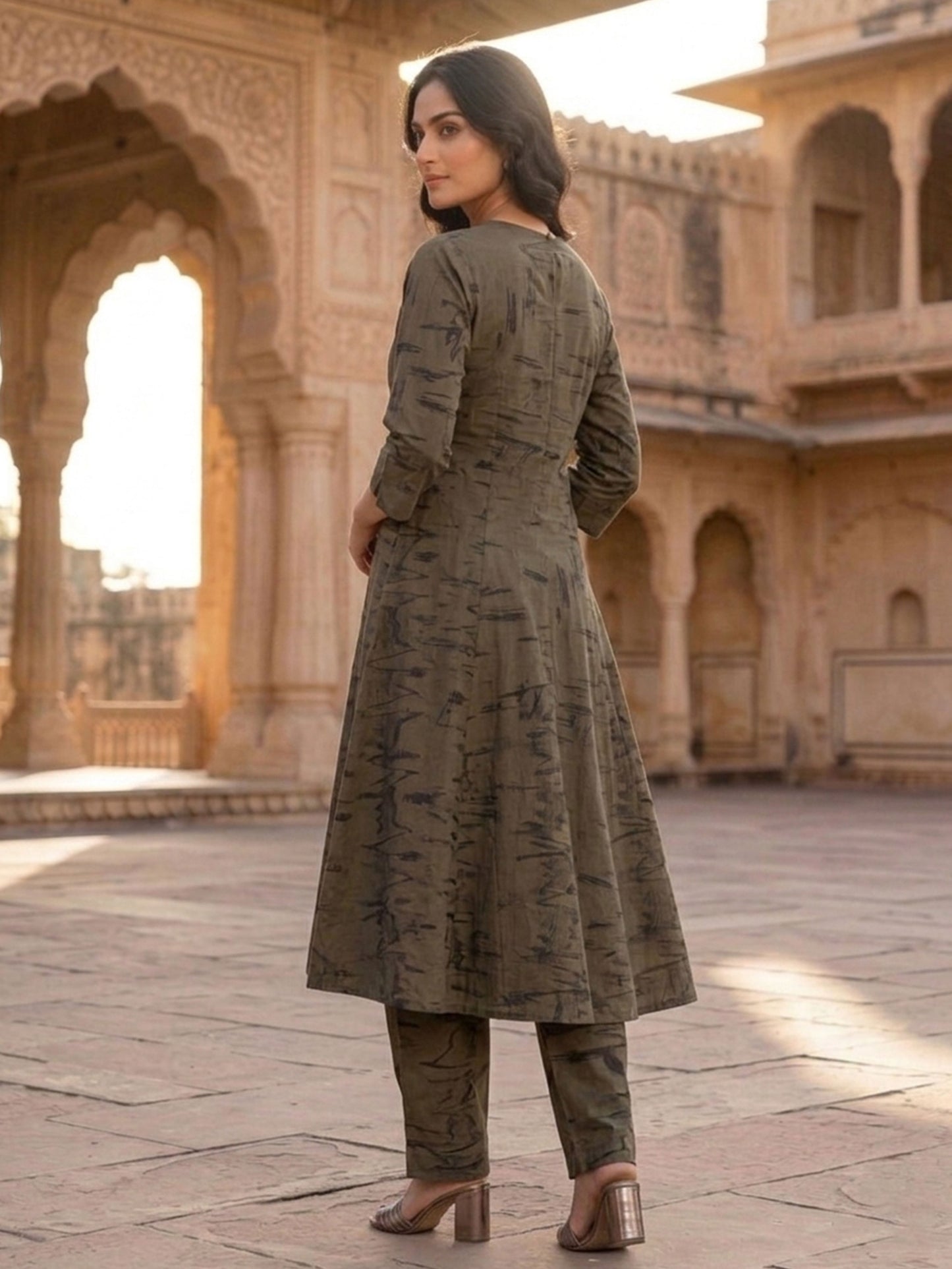 Viscose Abstract A-line Green Kurta