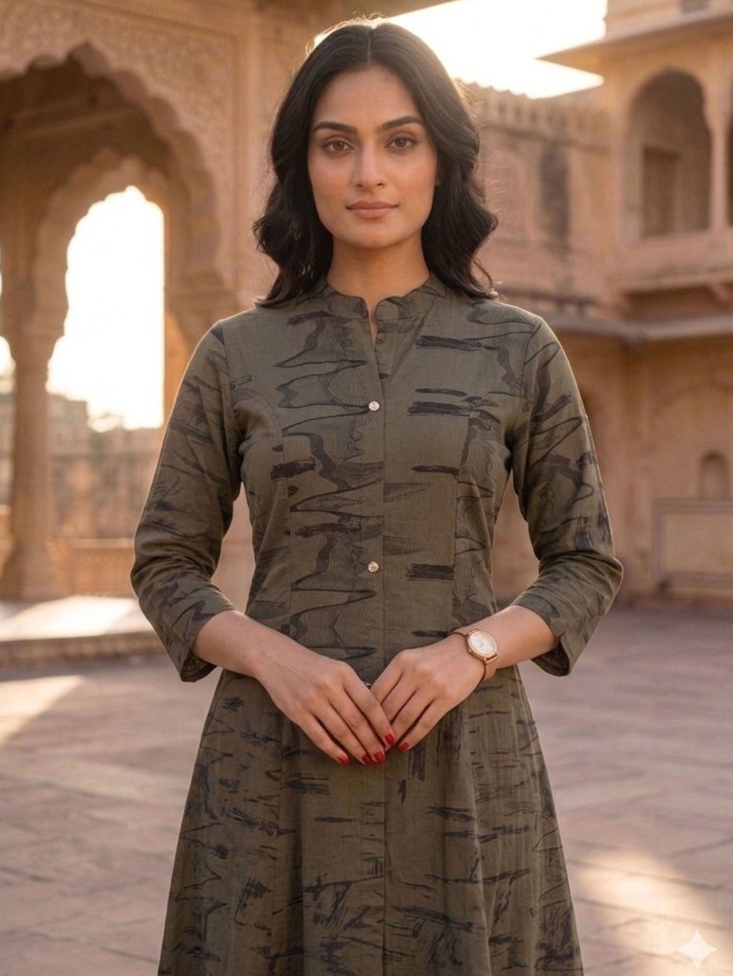 Viscose Abstract A-line Green Kurta