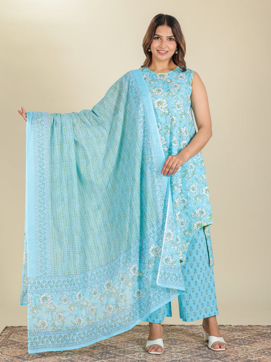 Soft Cotton Floral A-line Blue Kurta