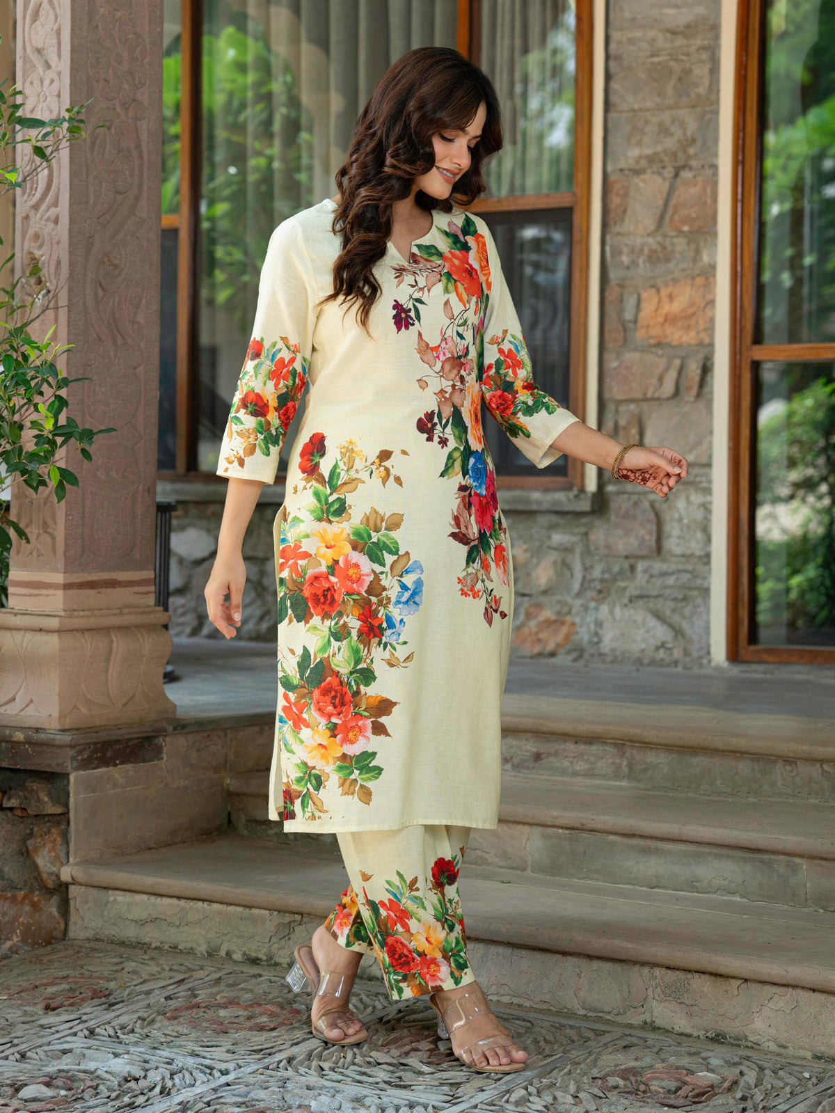 Linen Cotton Placement Print Straight Yellow Kurta