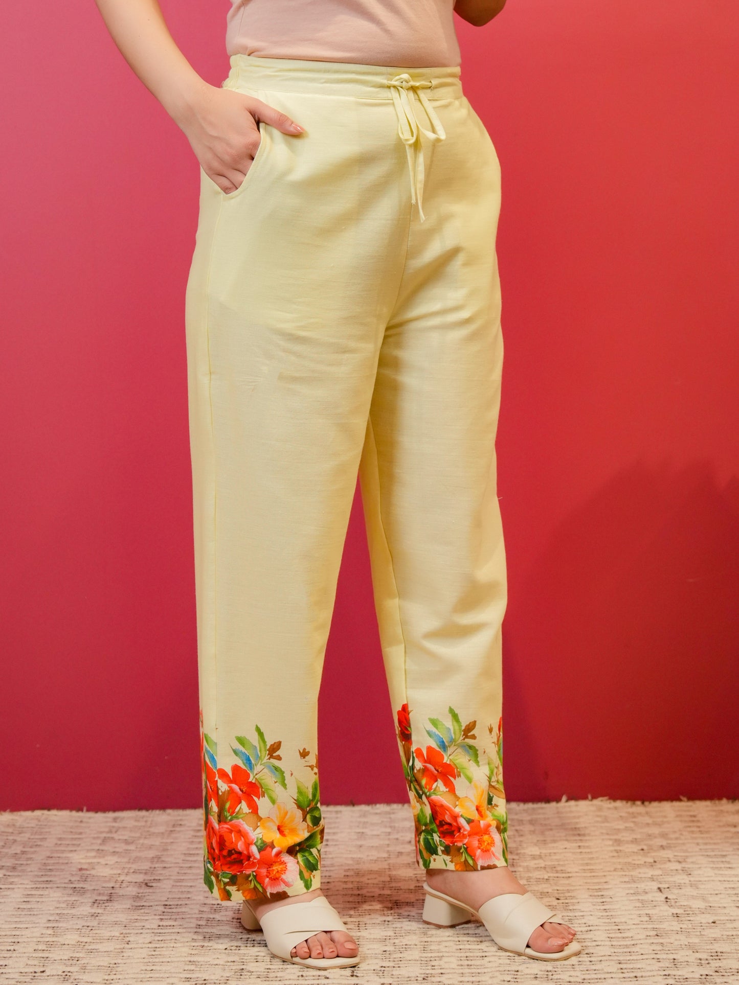 Linen Cotton Placement Print Straight Yellow Kurta