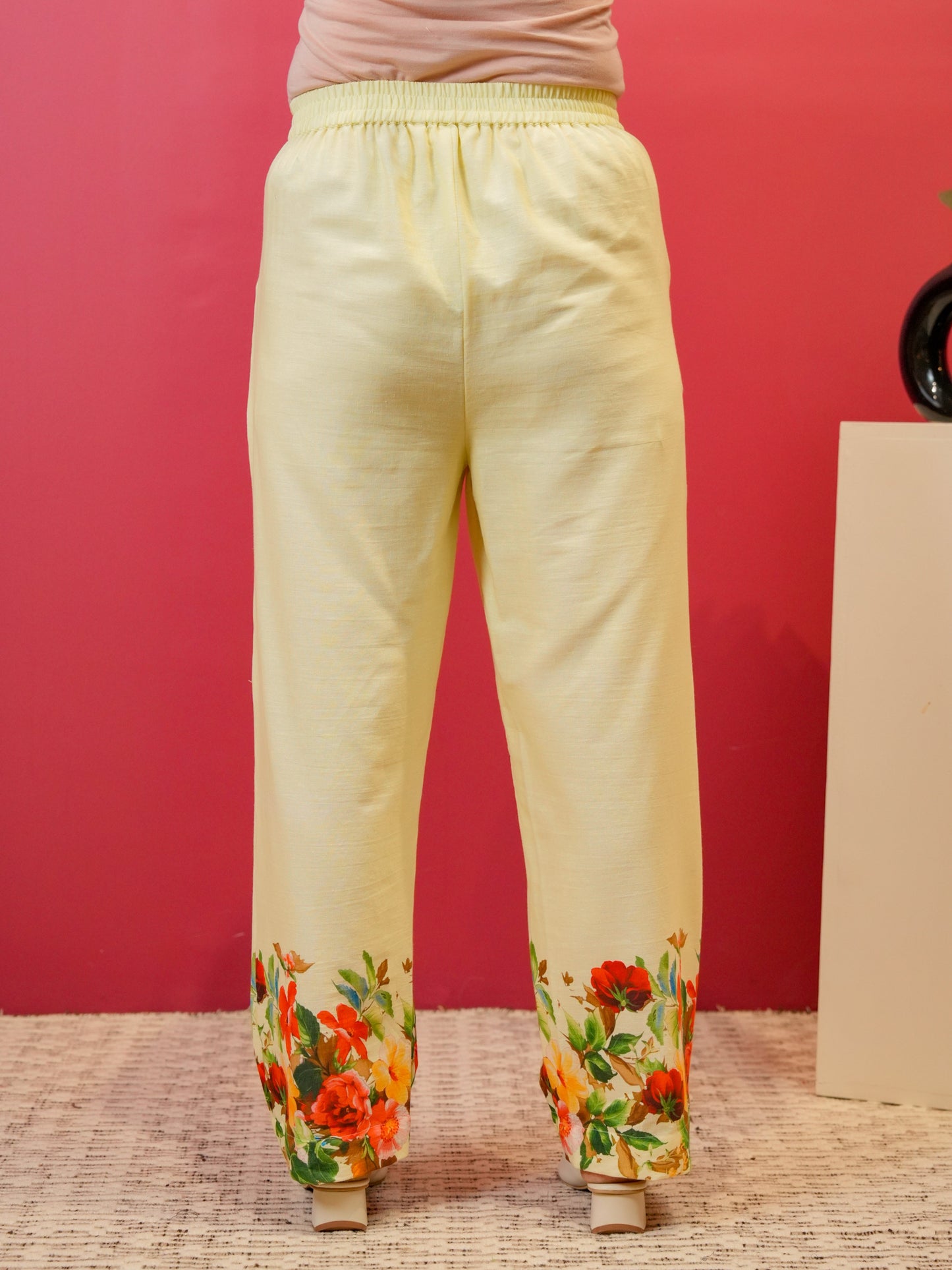 Linen Cotton Placement Print Straight Yellow Kurta