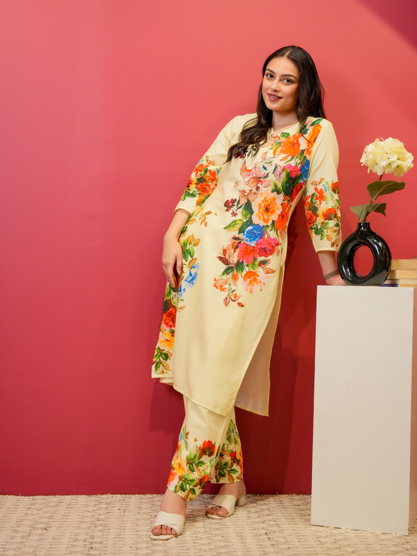 Linen Cotton Placement Print Straight Yellow Kurta