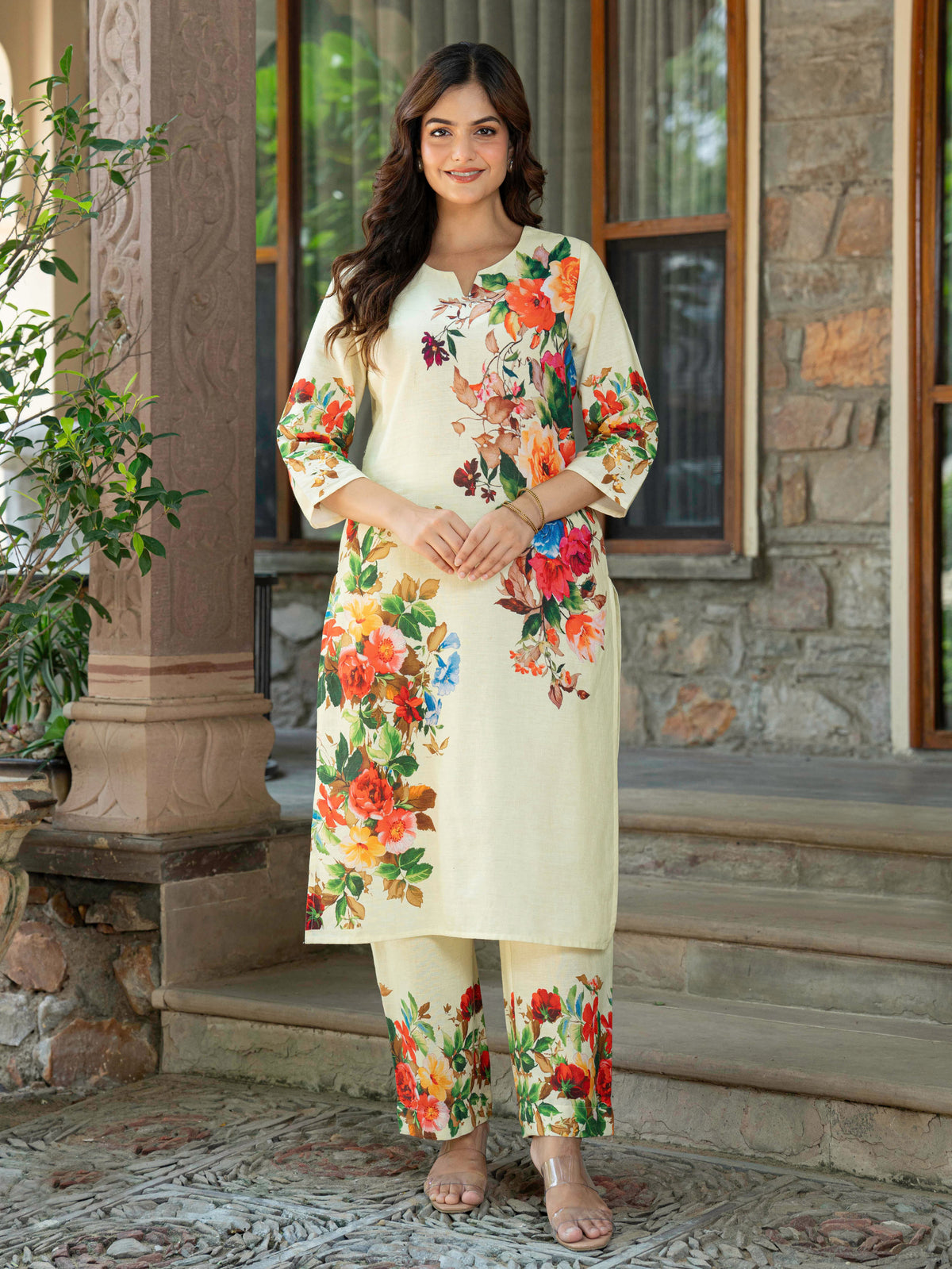 Linen Cotton Placement Print Straight Yellow Kurta