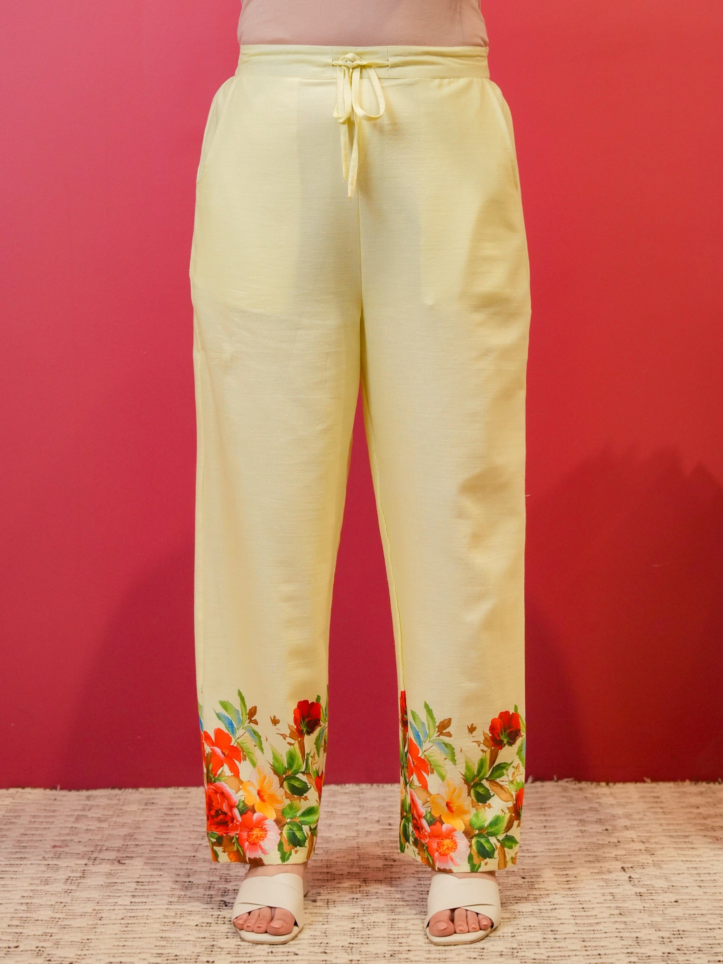 Linen Cotton Placement Print Straight Yellow Kurta