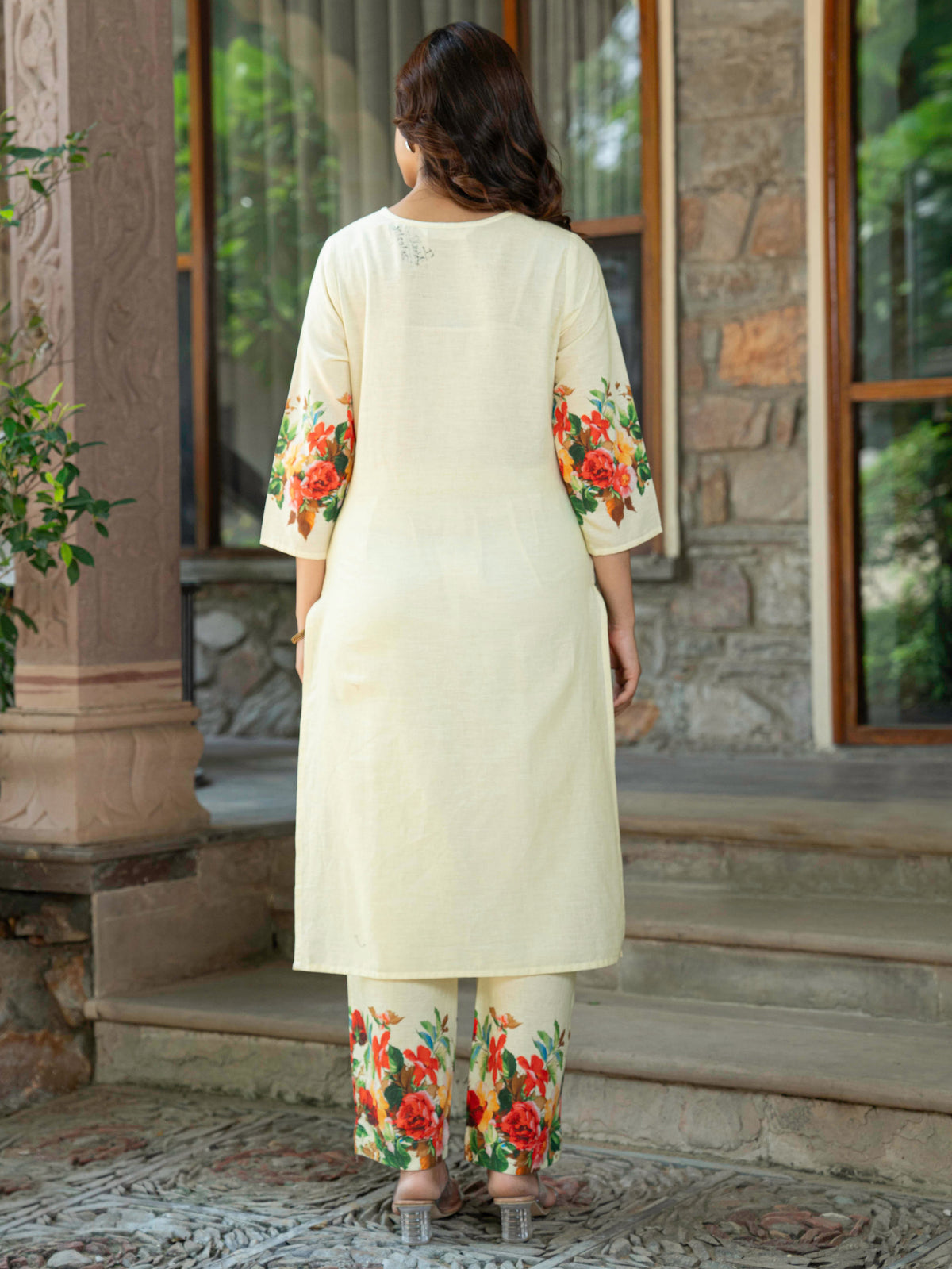 Linen Cotton Placement Print Straight Yellow Kurta