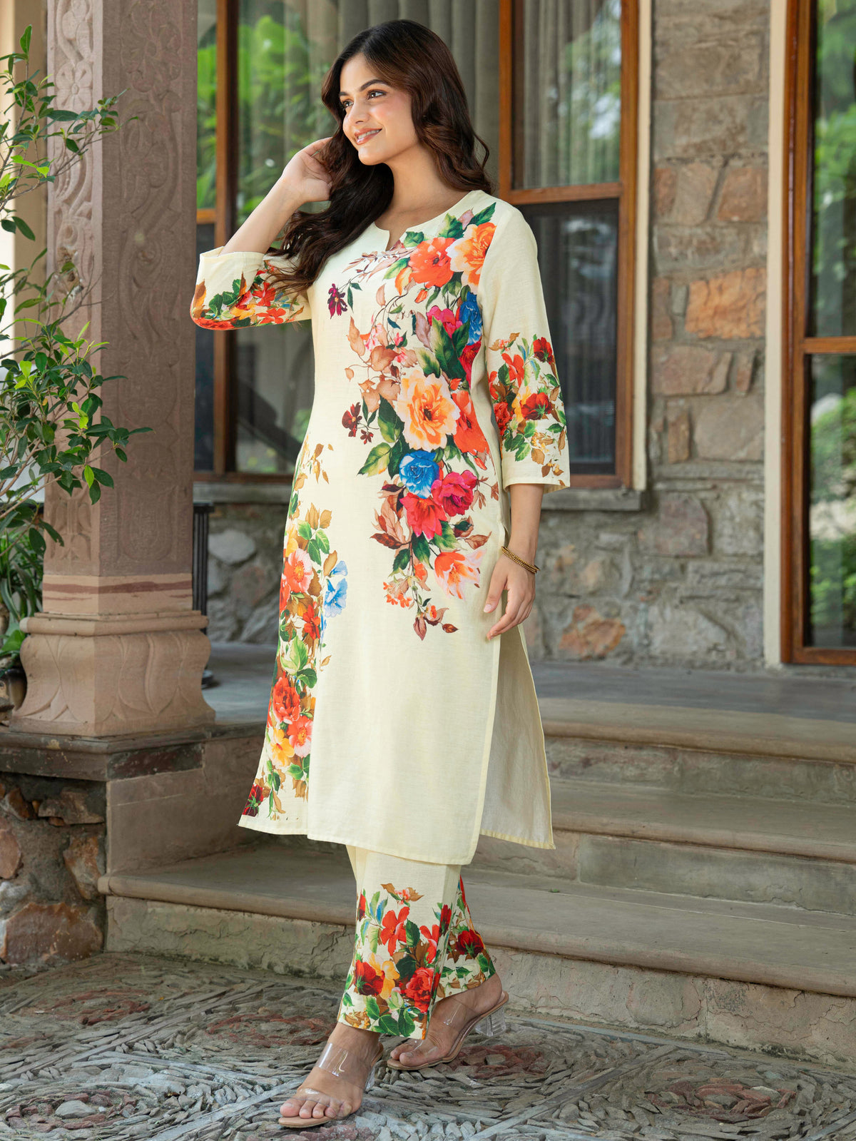 Linen Cotton Placement Print Straight Yellow Kurta