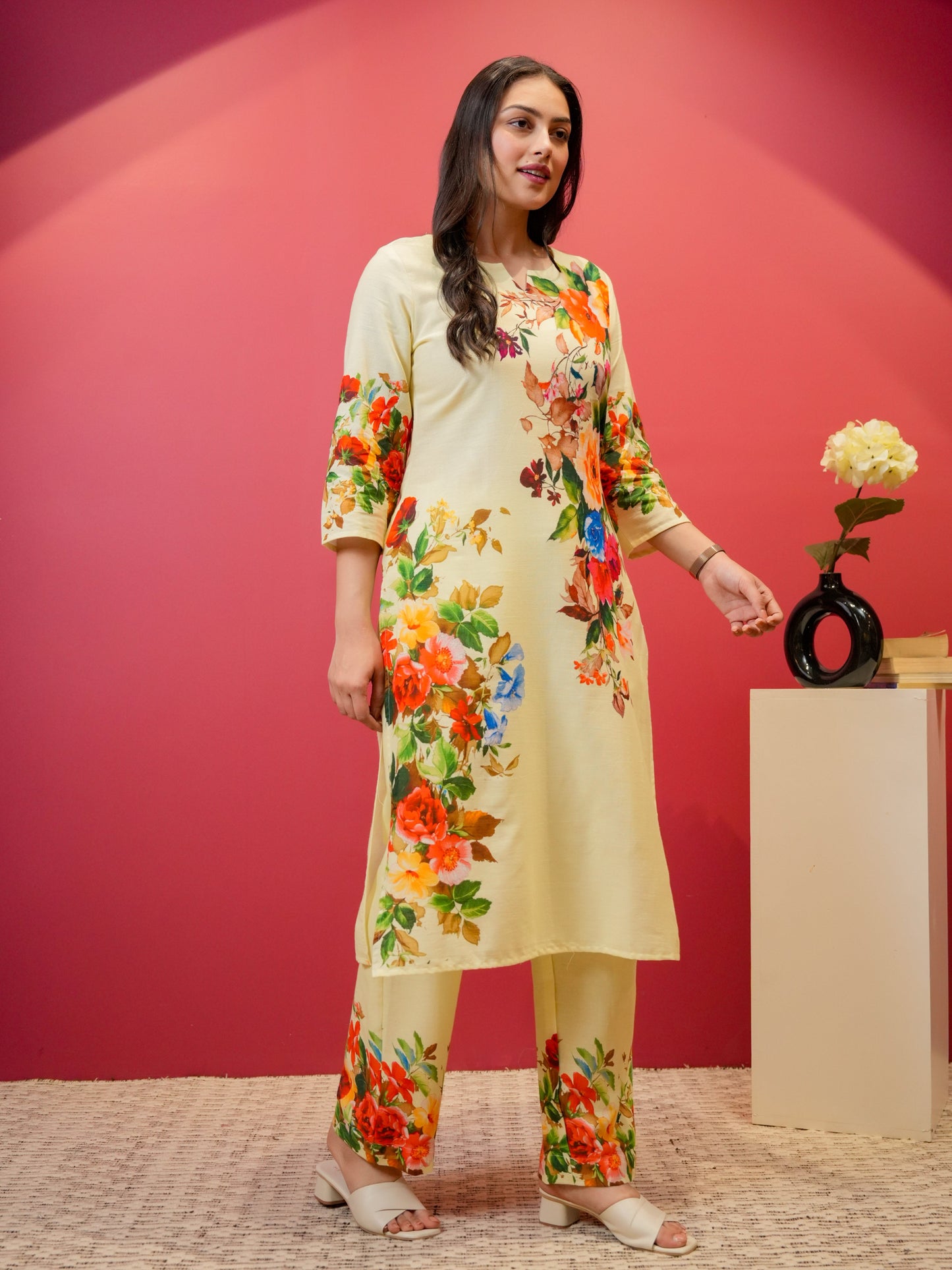 Linen Cotton Placement Print Straight Yellow Kurta