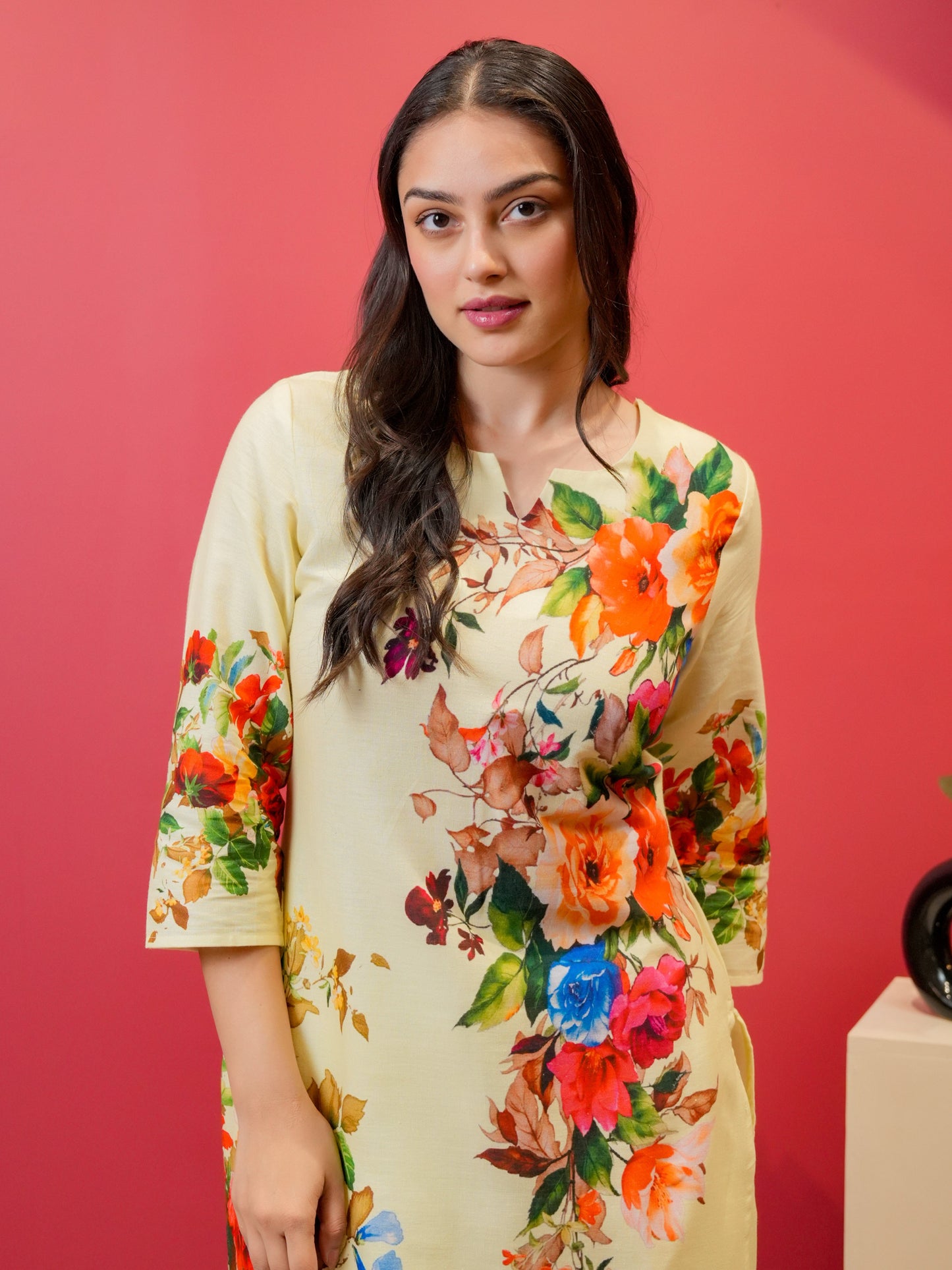Linen Cotton Placement Print Straight Yellow Kurta