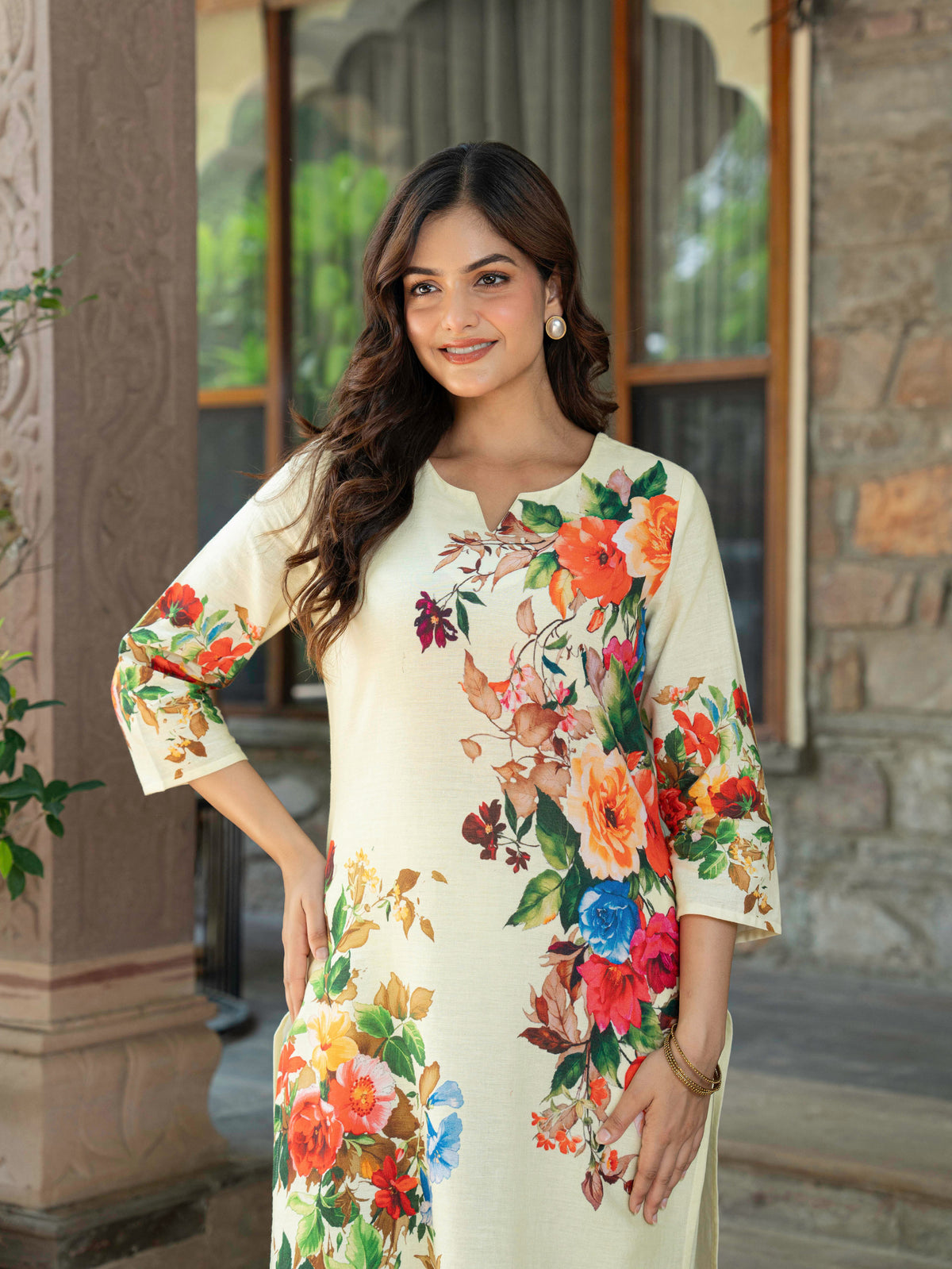Linen Cotton Placement Print Straight Yellow Kurta