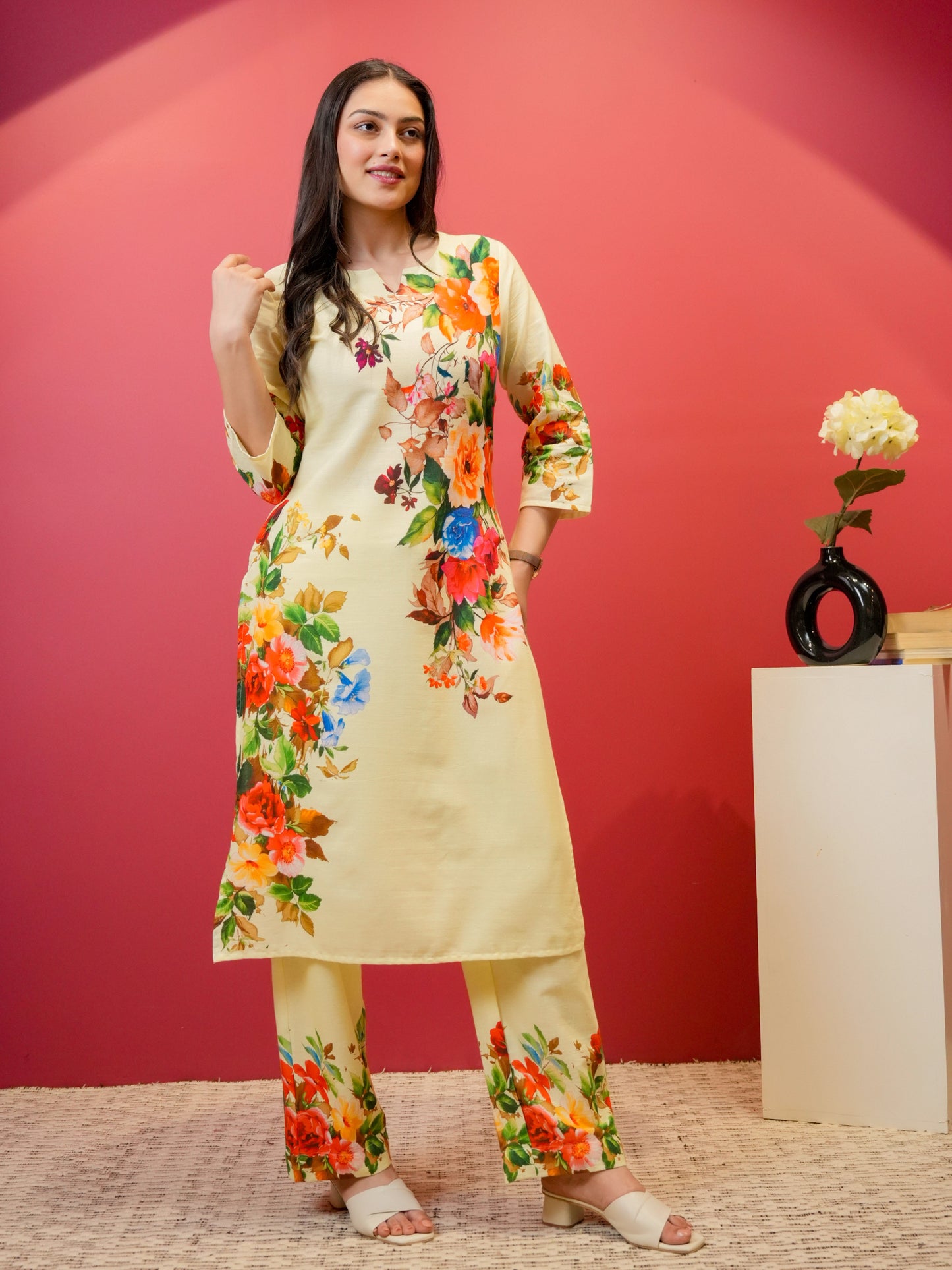 Linen Cotton Placement Print Straight Yellow Kurta