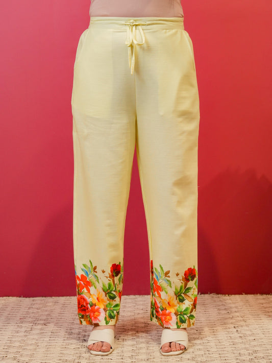 Linen Cotton Placement Print Yellow Straight Trousers