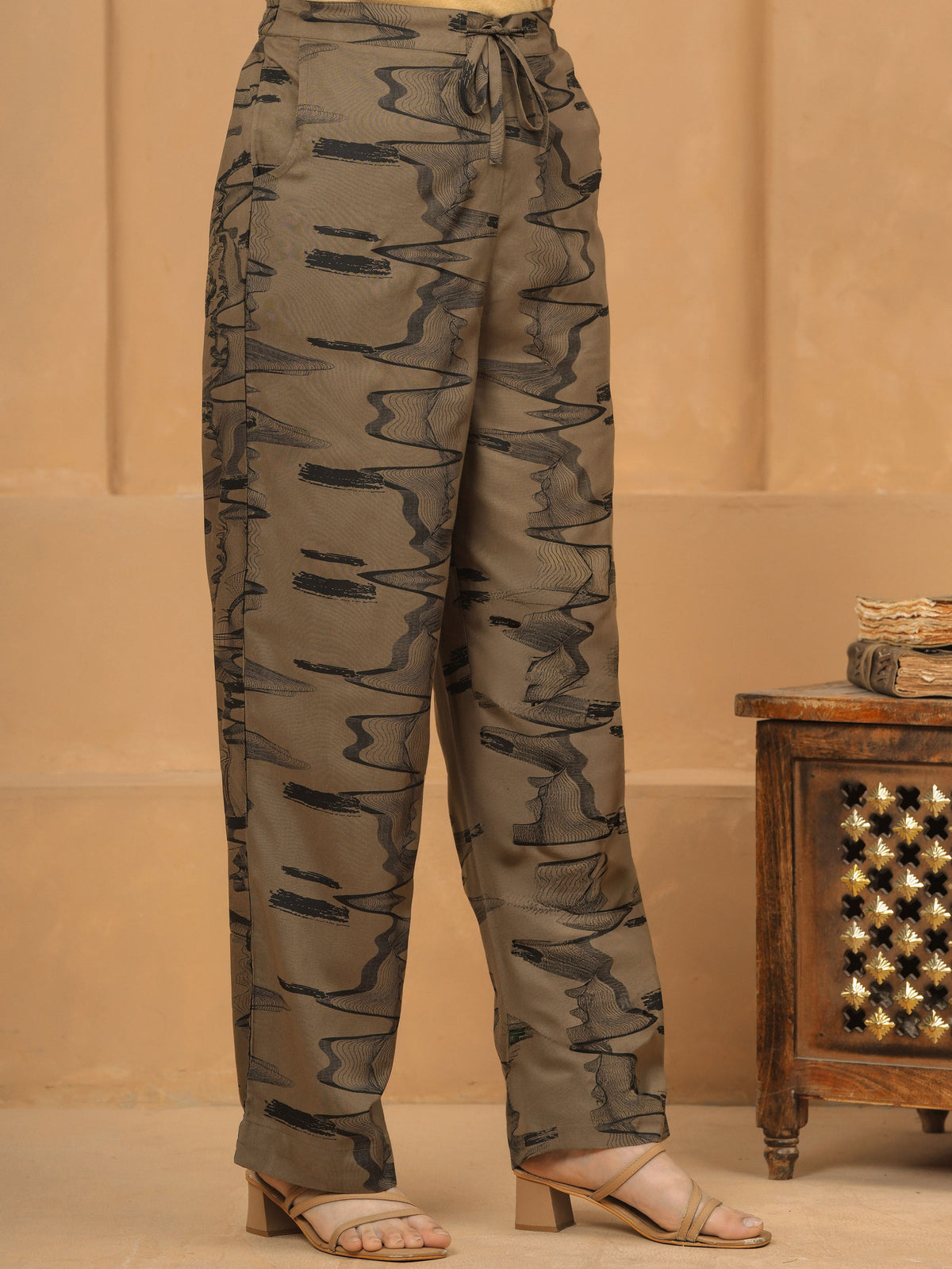 Viscose Abstract Beige Straight Trousers
