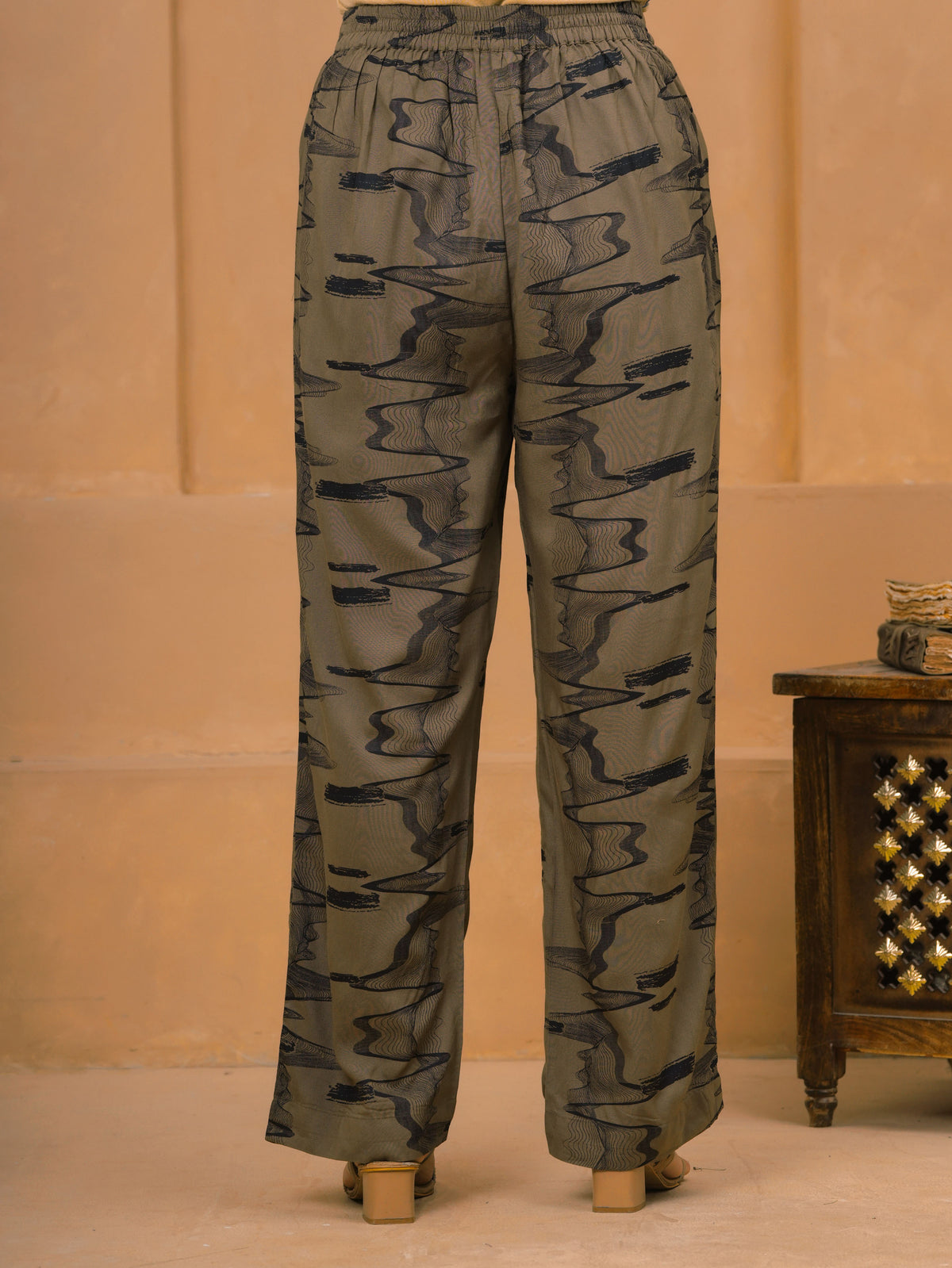 Viscose Abstract Beige Straight Trousers