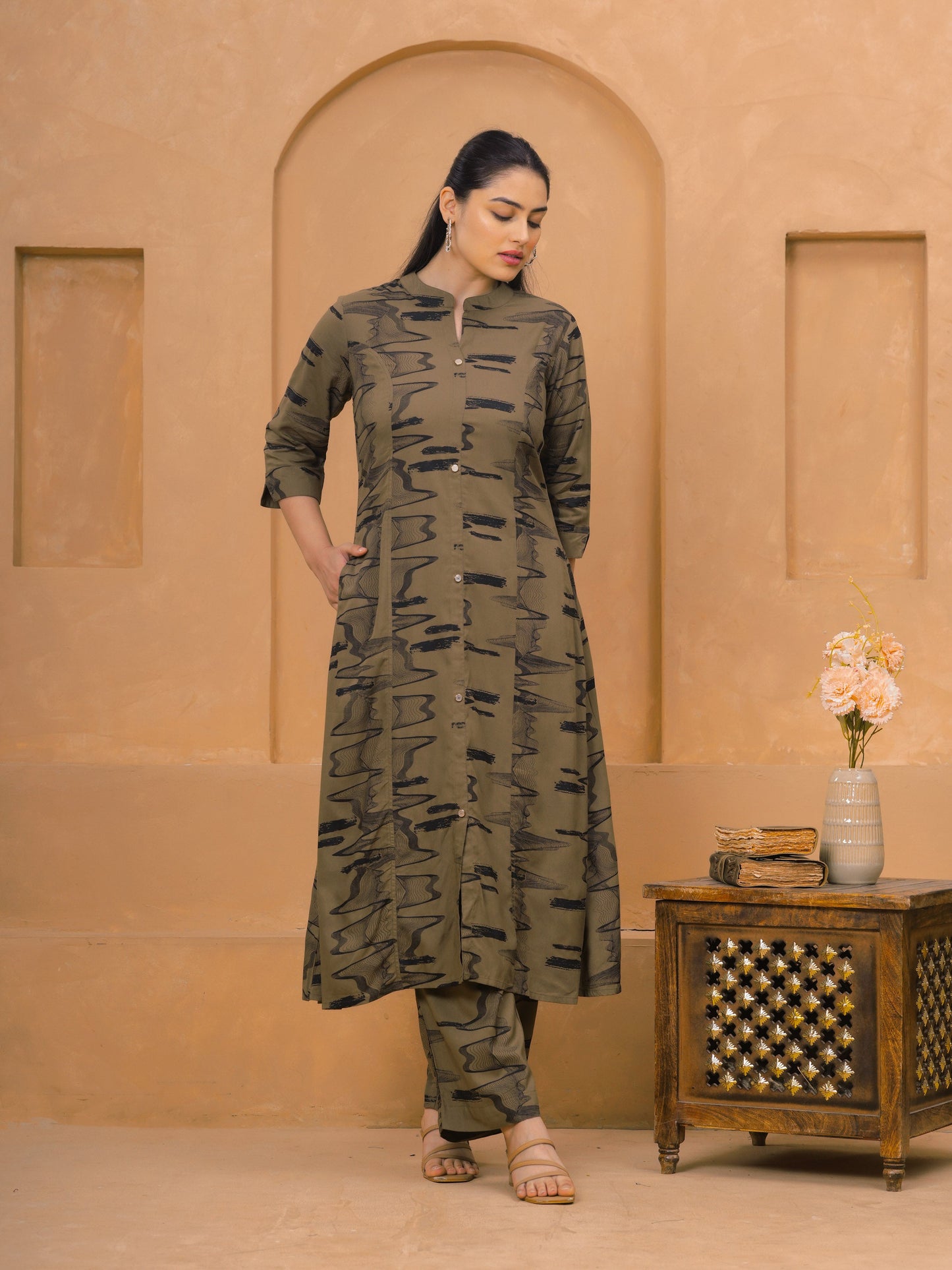Viscose Abstract Flared Beige Kurta