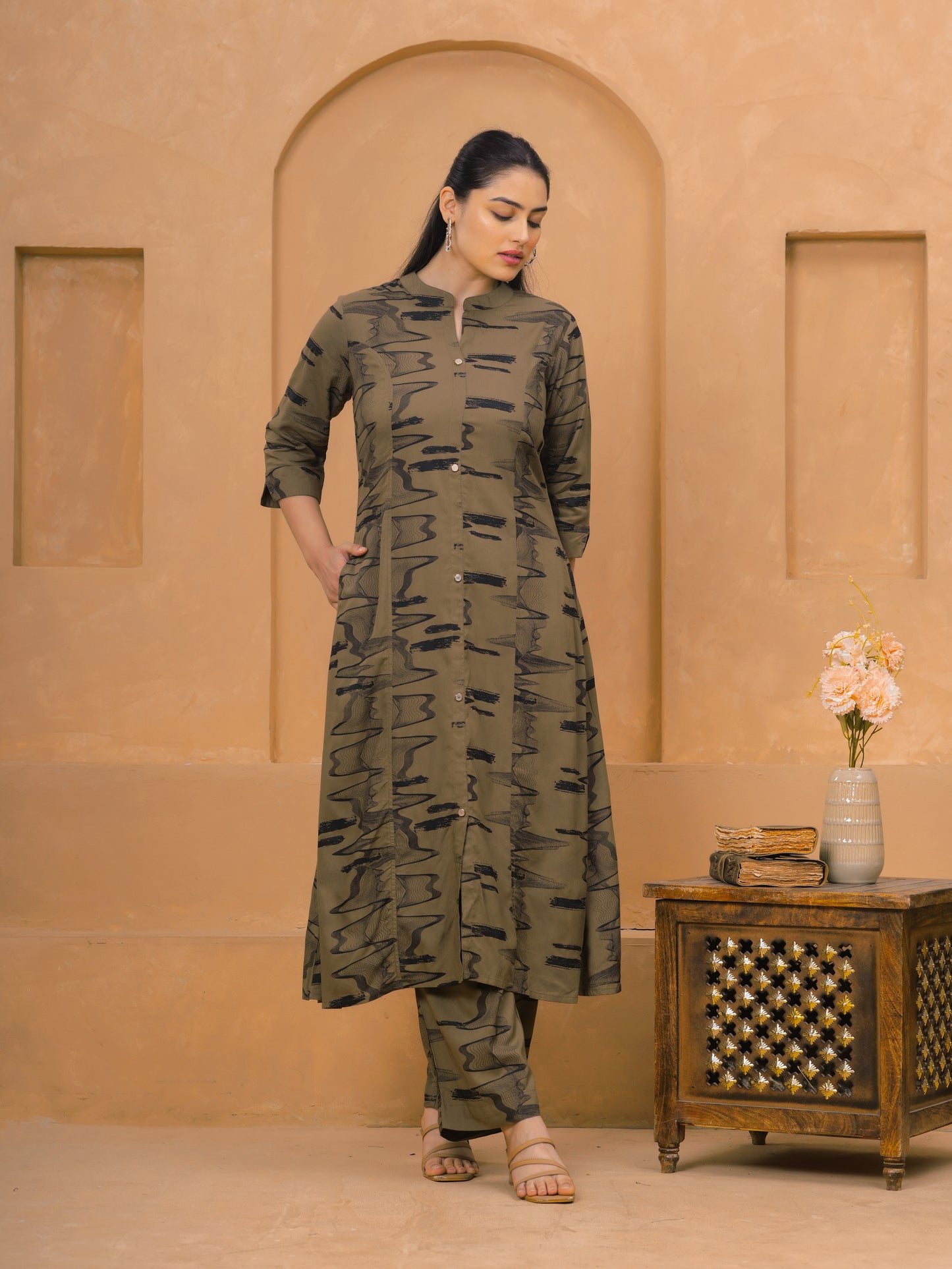 Viscose Abstract Flared Beige Kurta