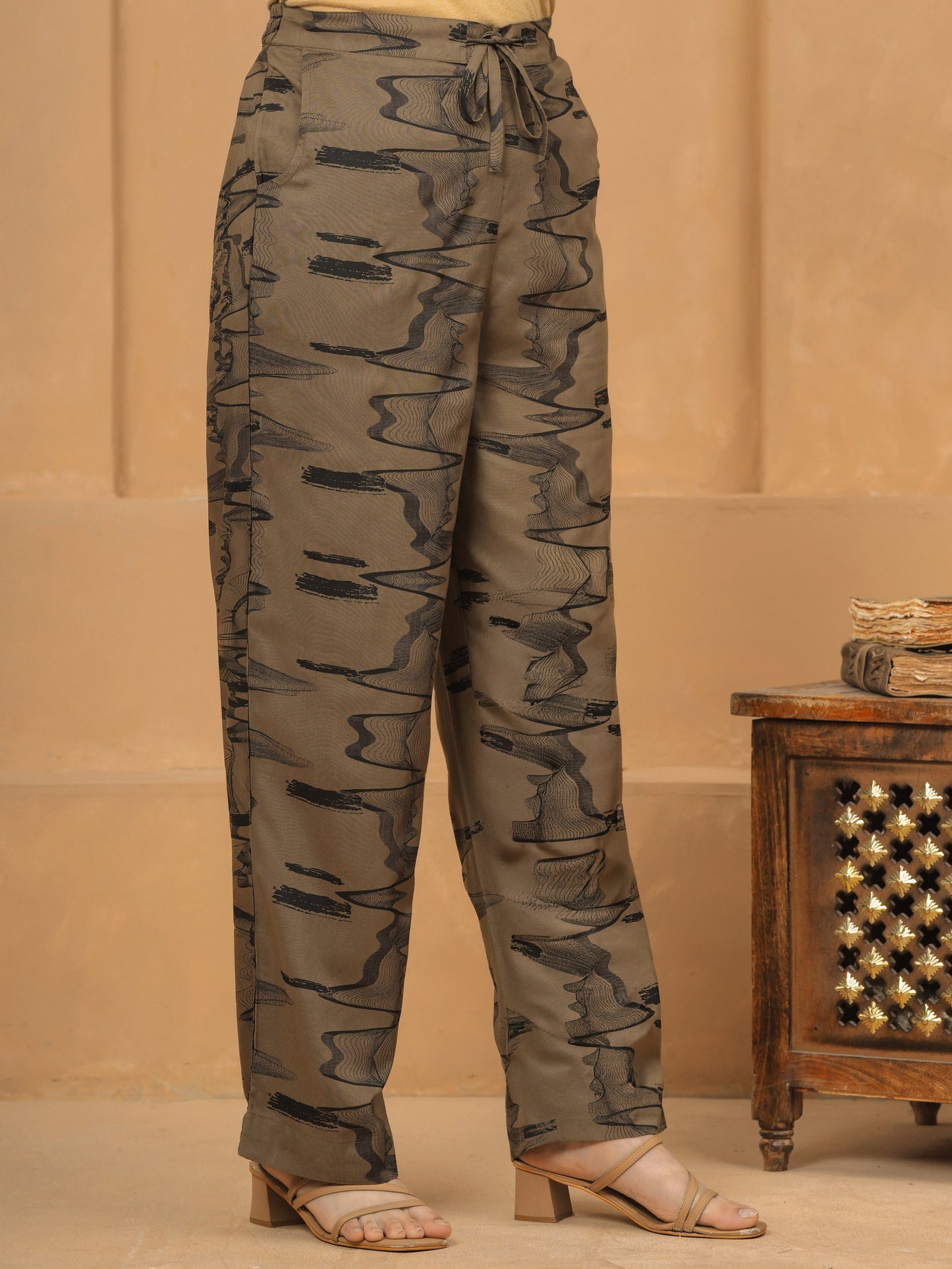 Viscose Abstract Flared Beige Kurta