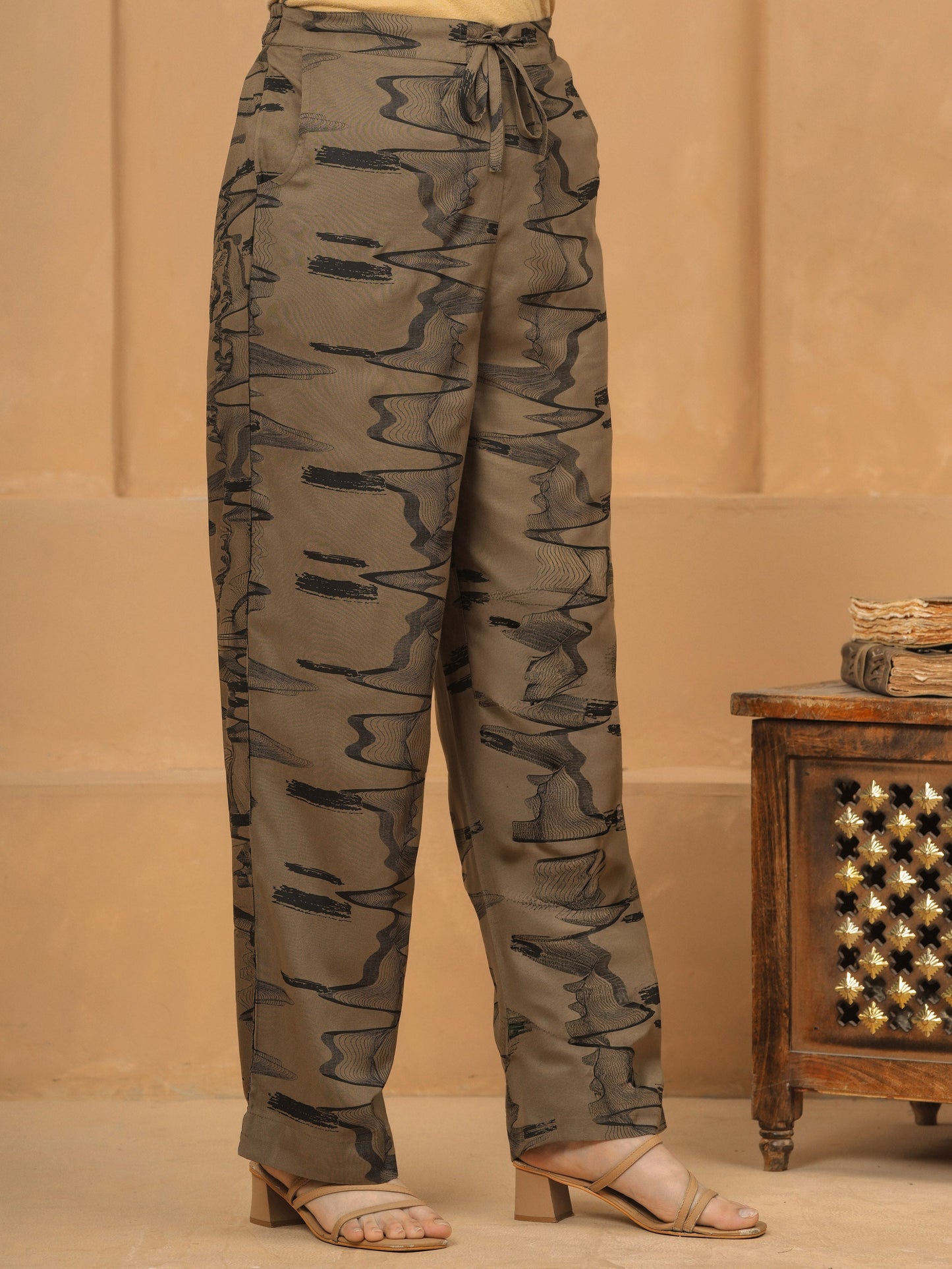 Viscose Abstract Flared Beige Kurta