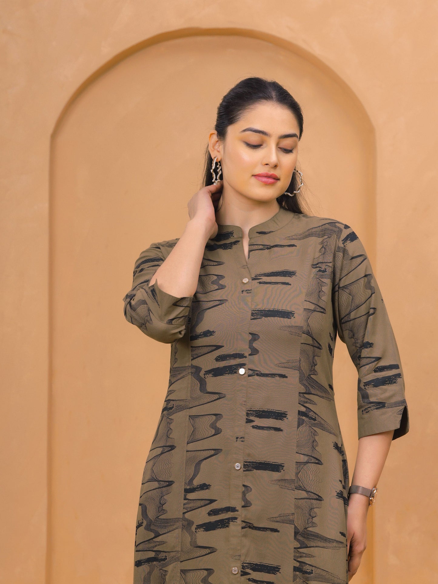 Viscose Abstract Flared Beige Kurta