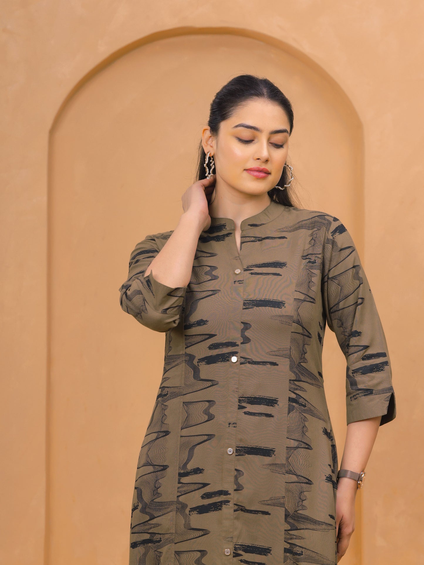 Viscose Abstract Flared Beige Kurta