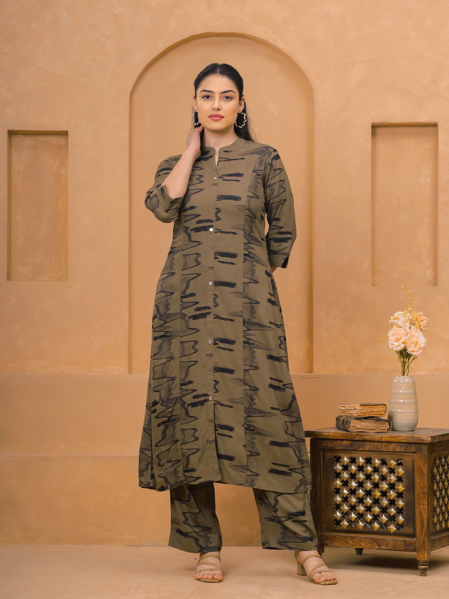 Viscose Abstract Flared Beige Kurta