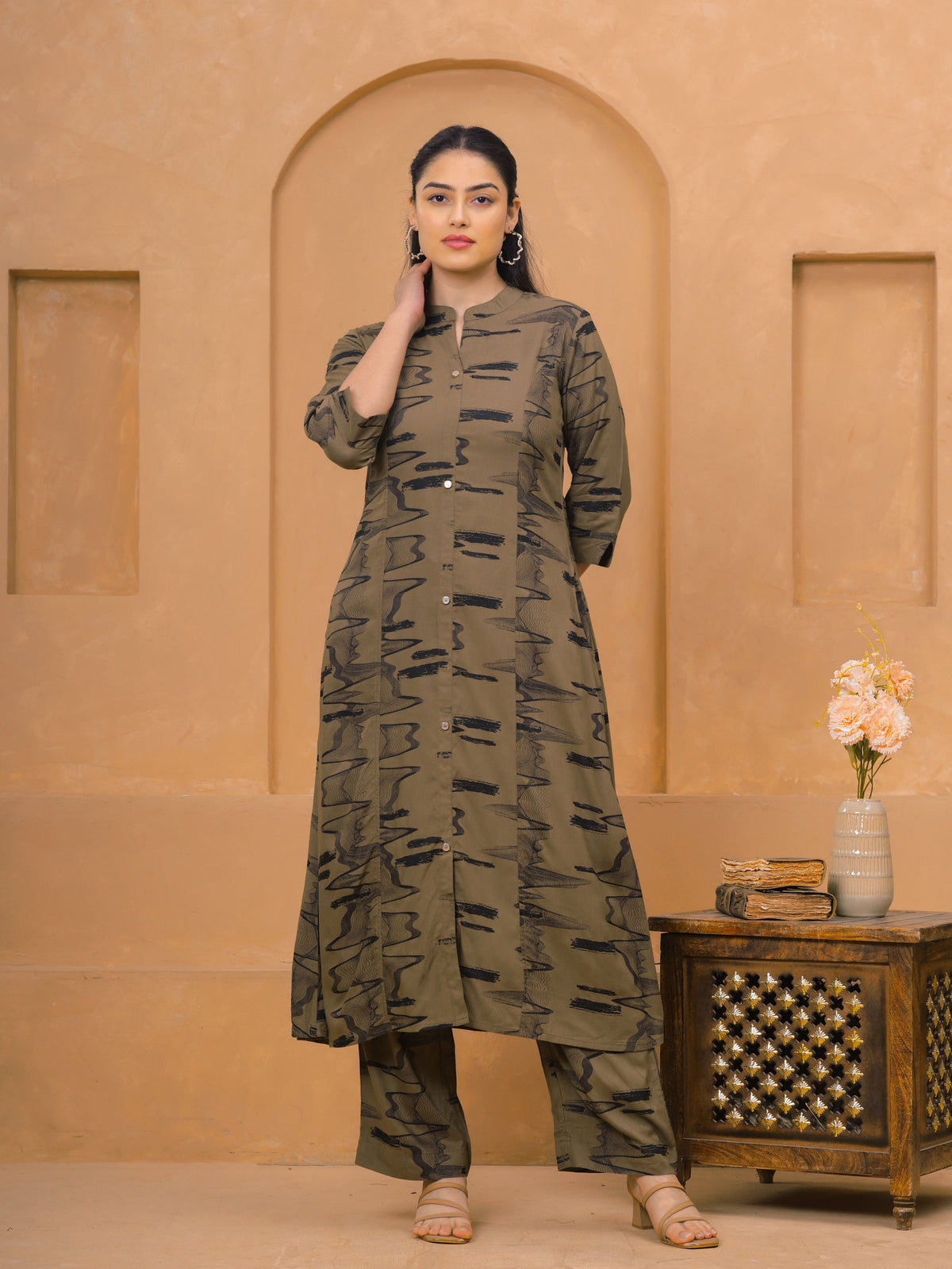 Viscose Abstract Flared Beige Kurta
