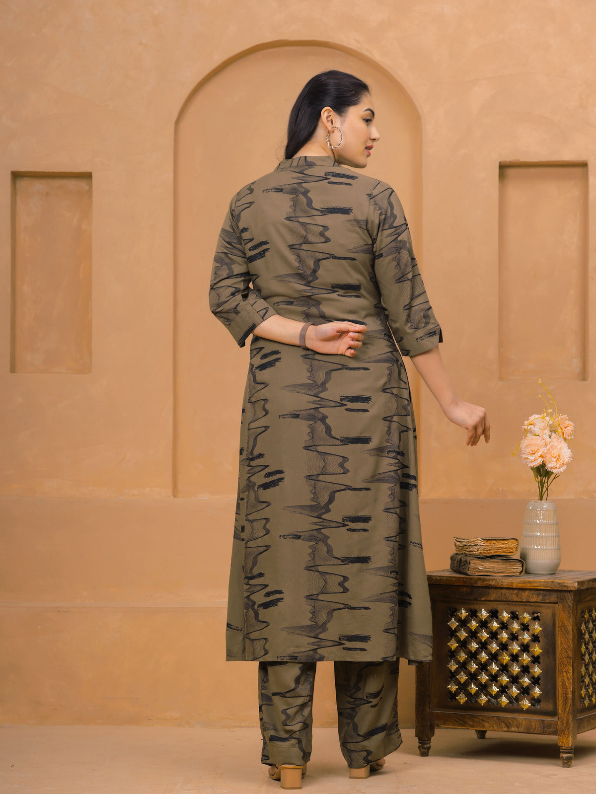 Viscose Abstract Flared Beige Kurta