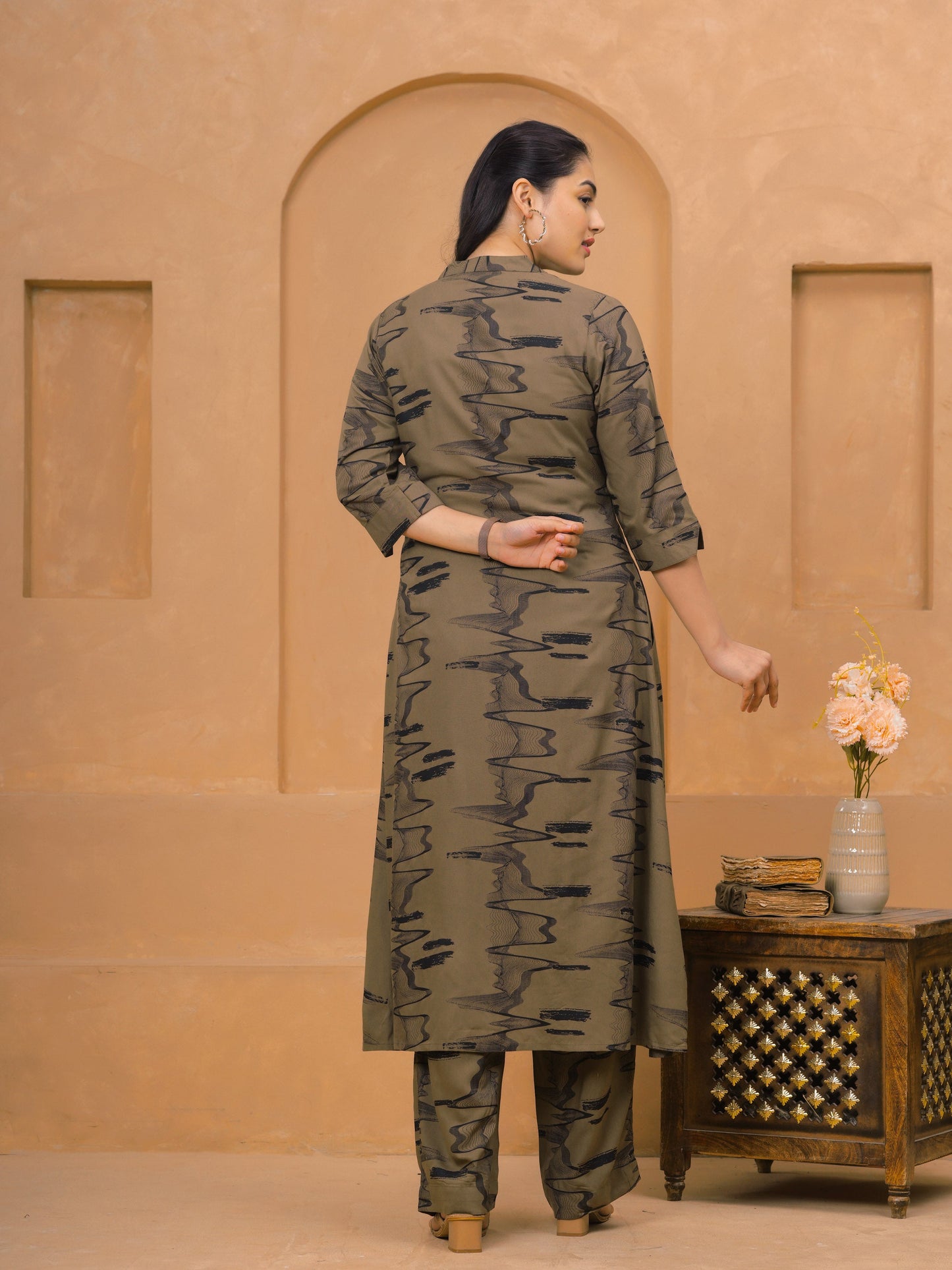 Viscose Abstract Flared Beige Kurta