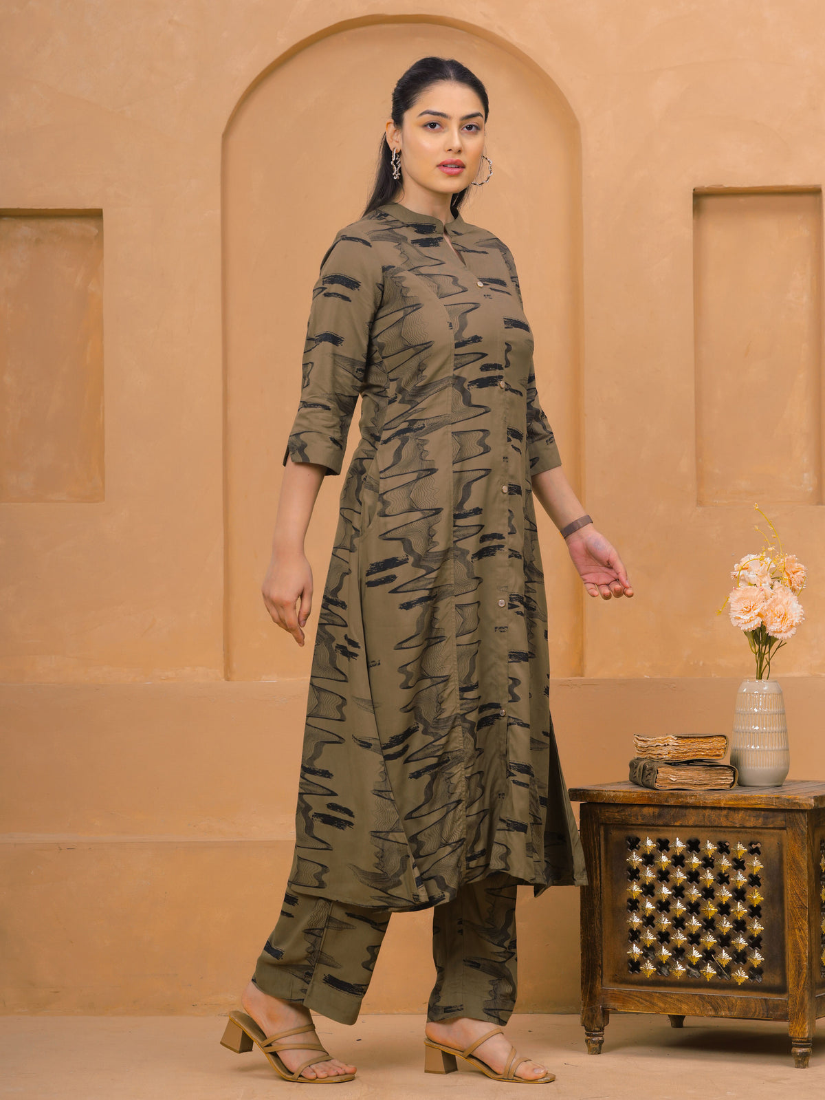 Viscose Abstract Flared Beige Kurta