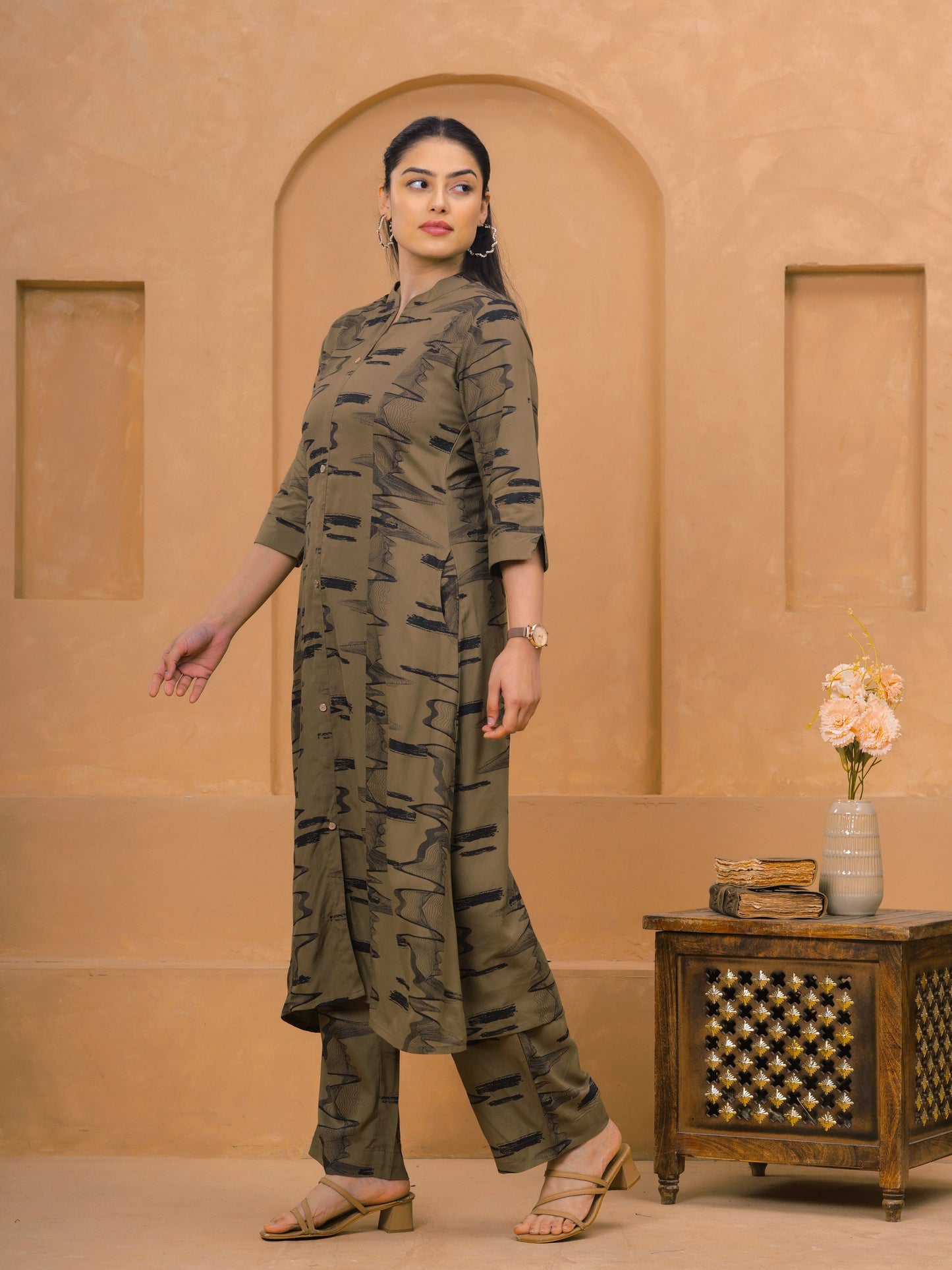 Viscose Abstract Flared Beige Kurta