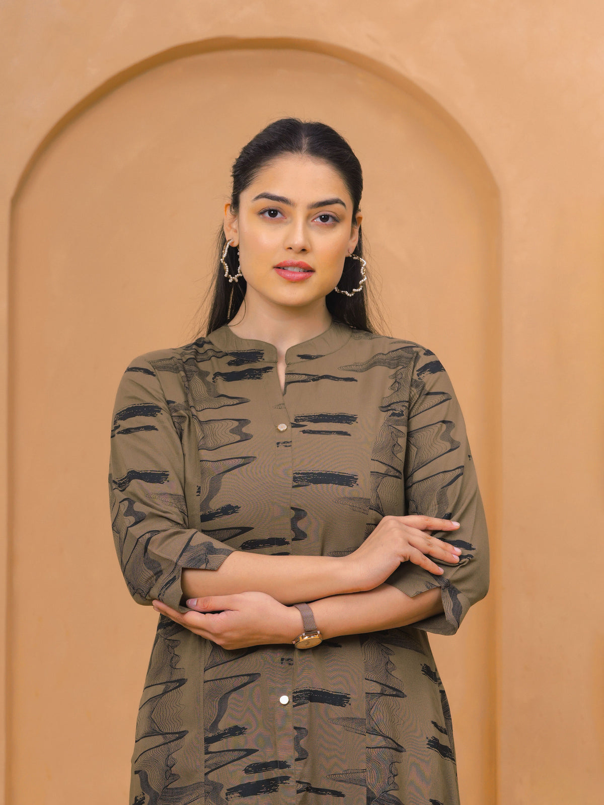 Viscose Abstract Flared Beige Kurta