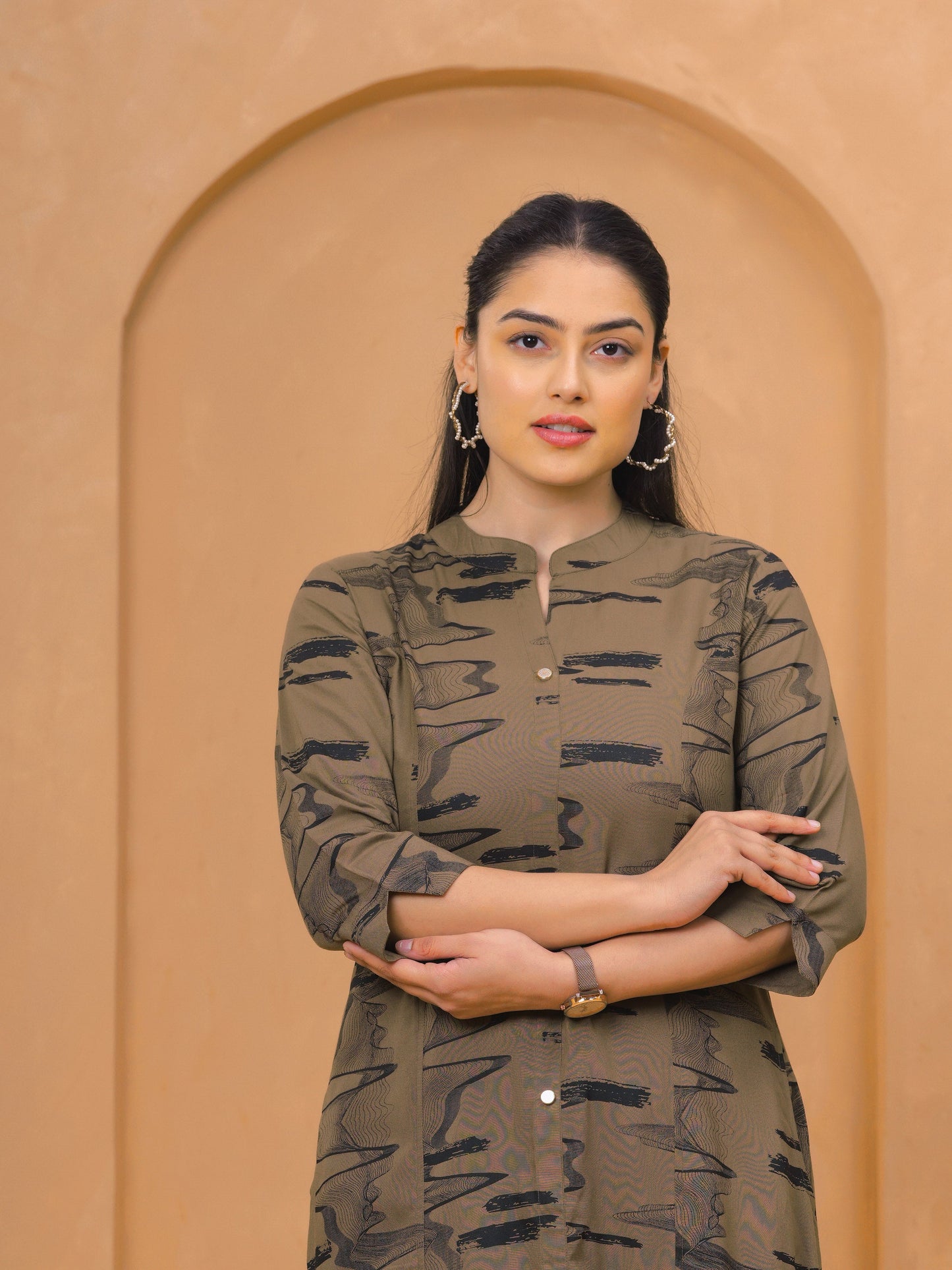 Viscose Abstract Flared Beige Kurta