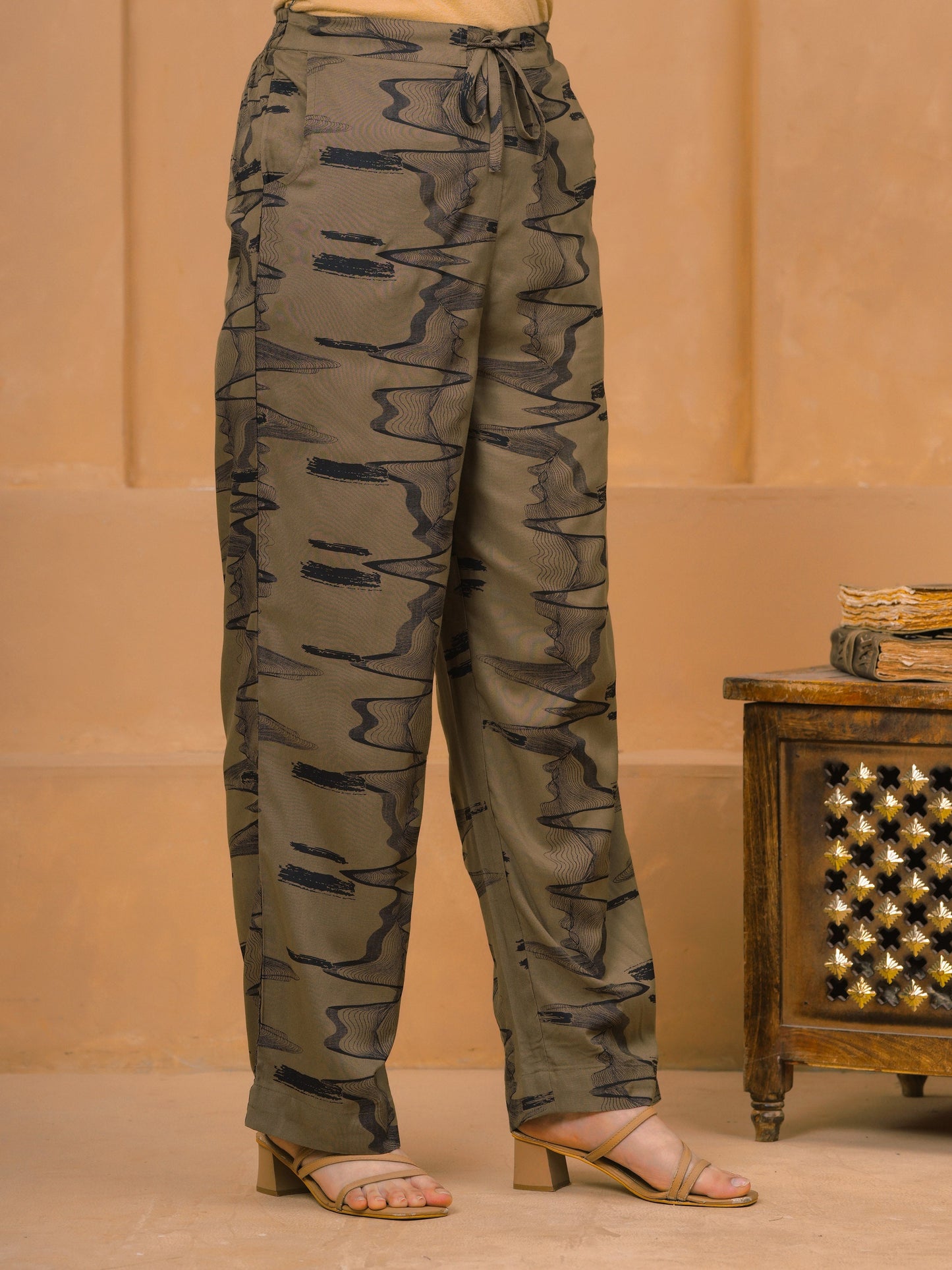 Viscose Abstract Beige Straight Trousers
