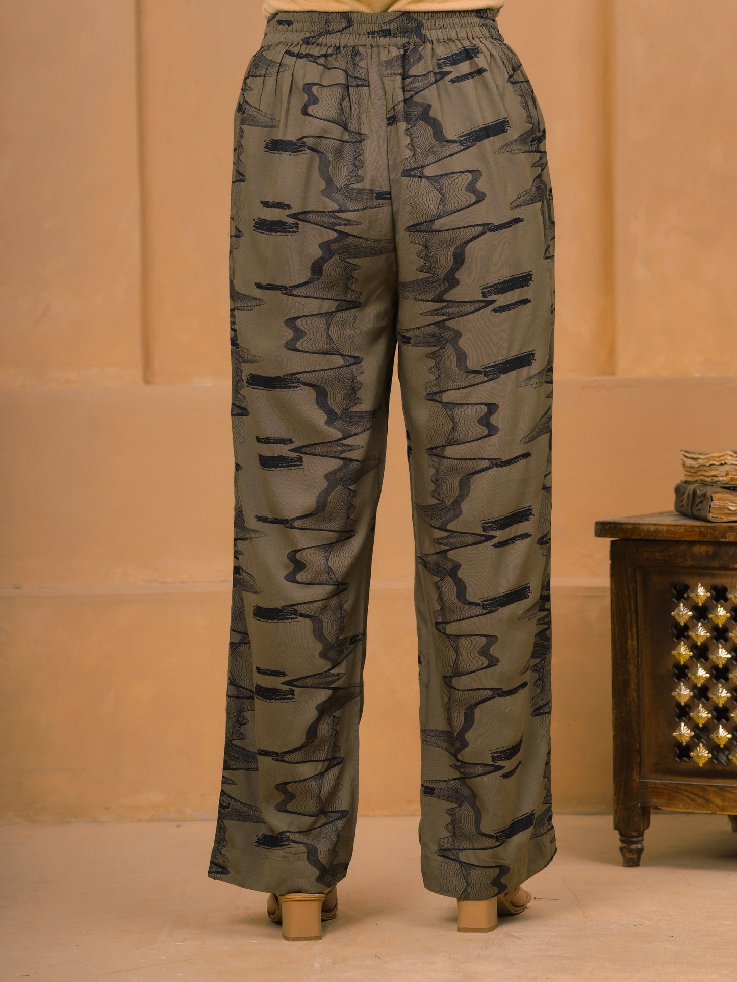 Viscose Abstract Beige Straight Trousers