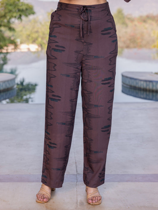 Viscose Abstract Brown Straight Trousers