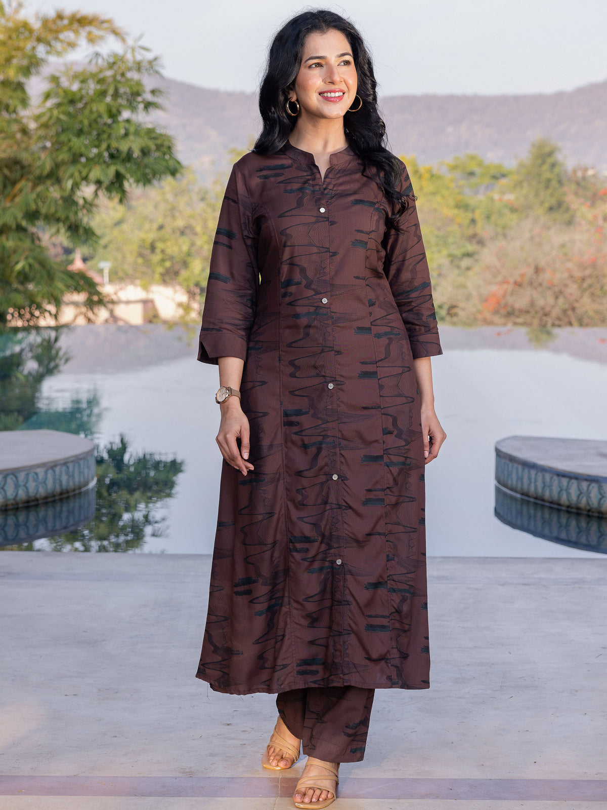 Viscose Abstract A-line Brown Kurta