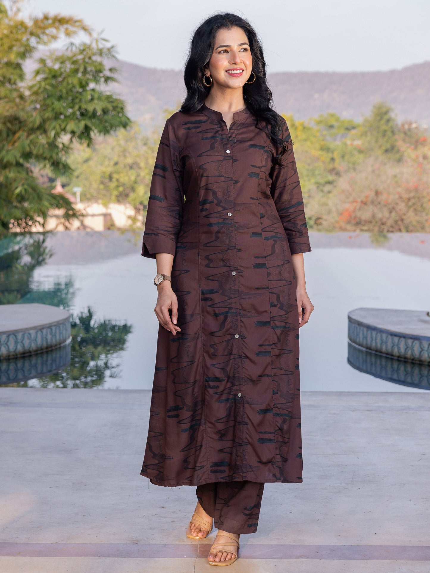 Viscose Abstract A-line Brown Kurta