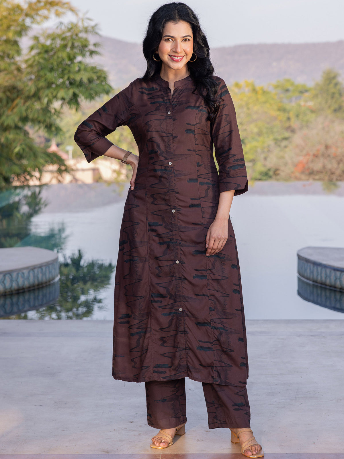 Viscose Abstract A-line Brown Kurta