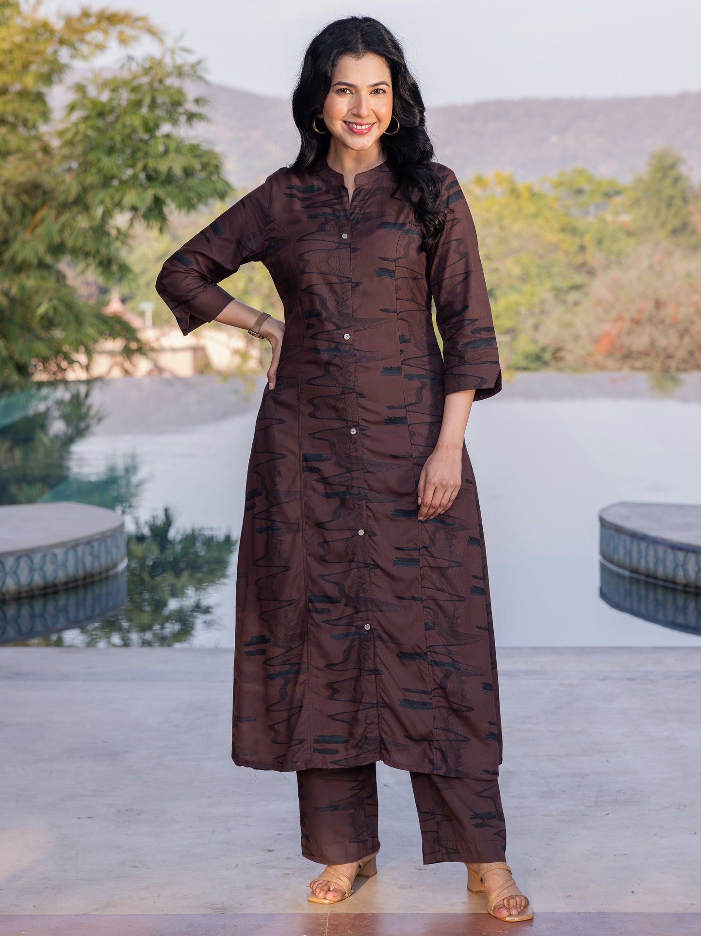Viscose Abstract A-line Brown Kurta