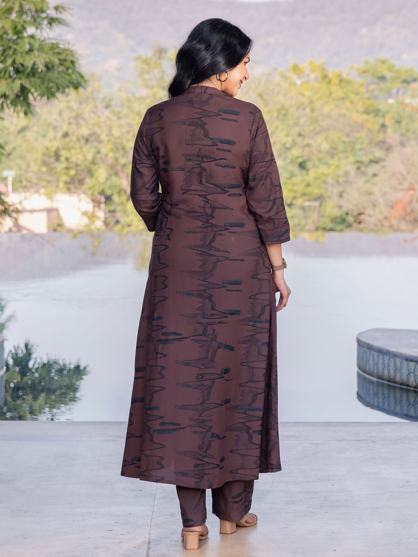Viscose Abstract A-line Brown Kurta
