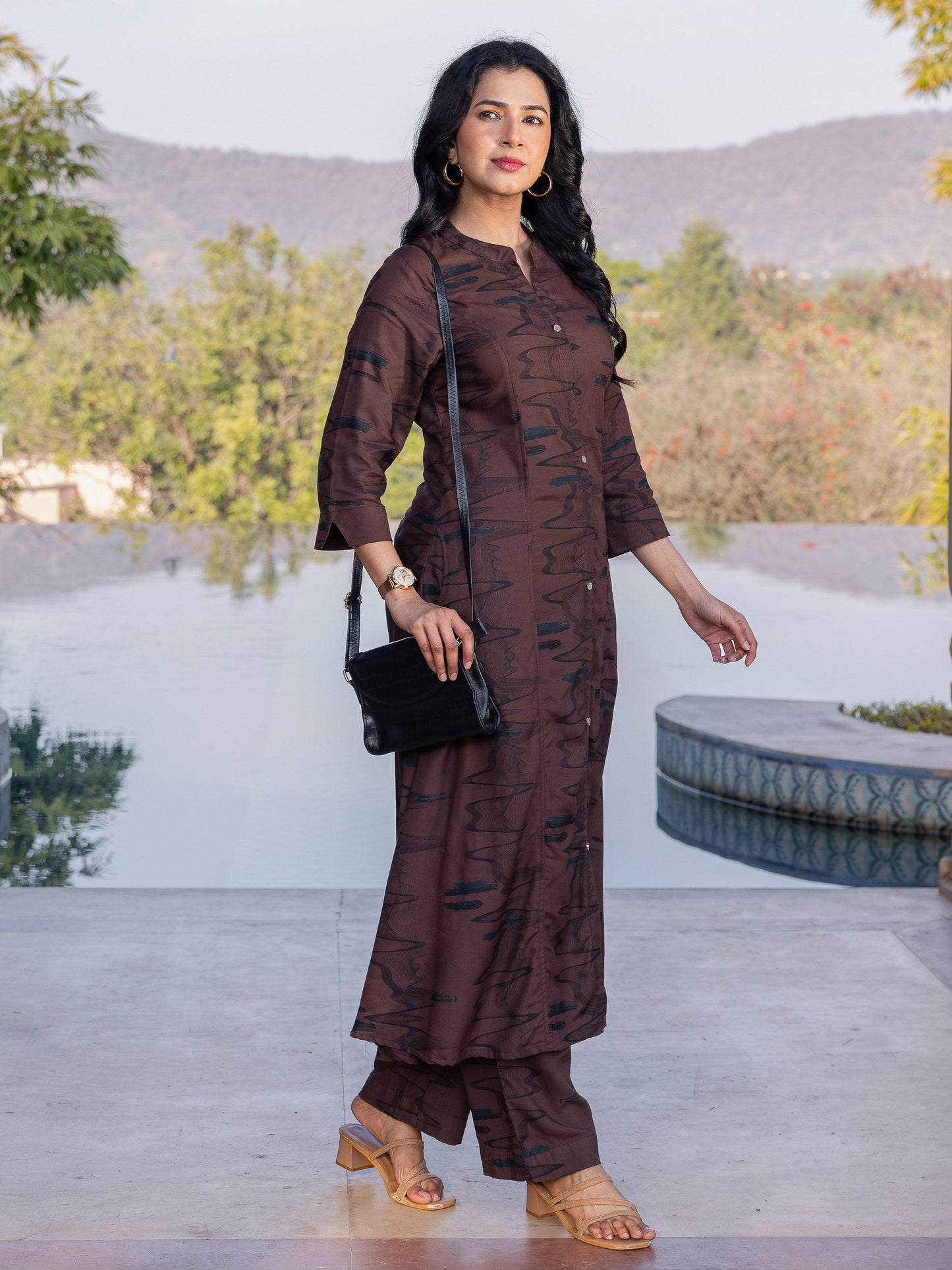Viscose Abstract A-line Brown Kurta