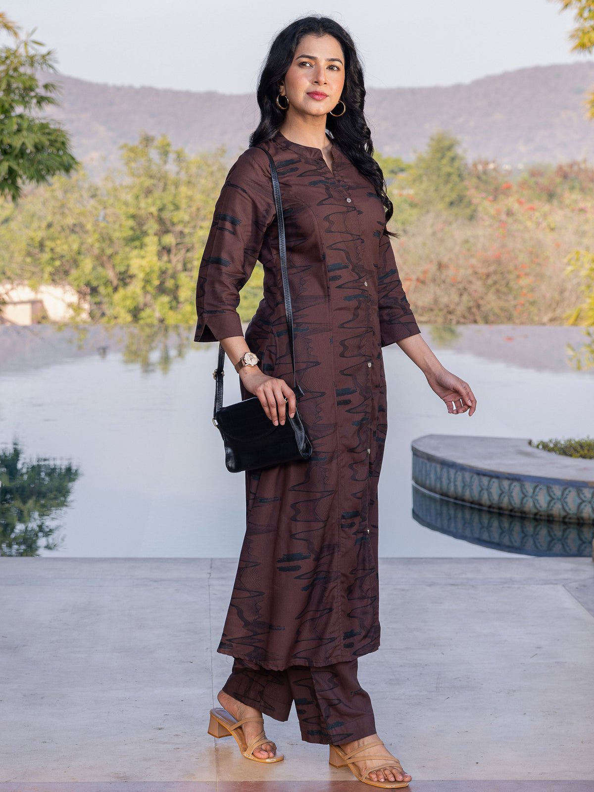 Viscose Abstract A-line Brown Kurta
